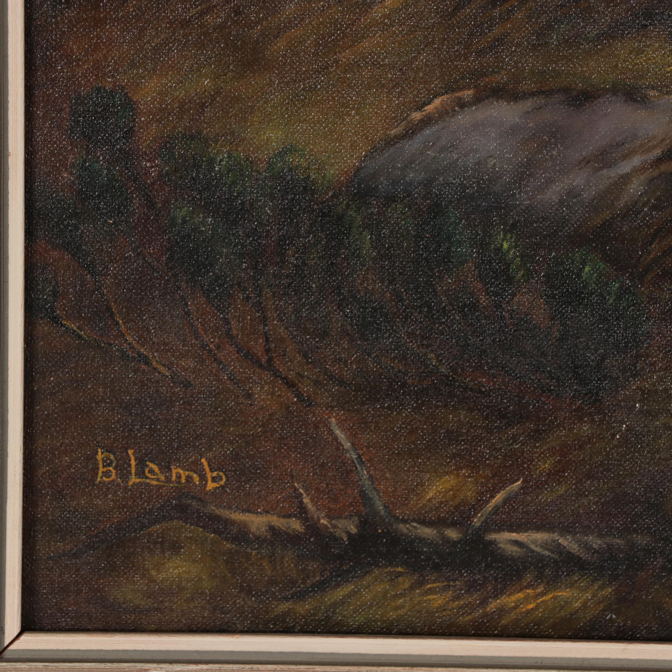 B. Lamb Landscape Oil Painting of Elk Near a River, Late 20th Century