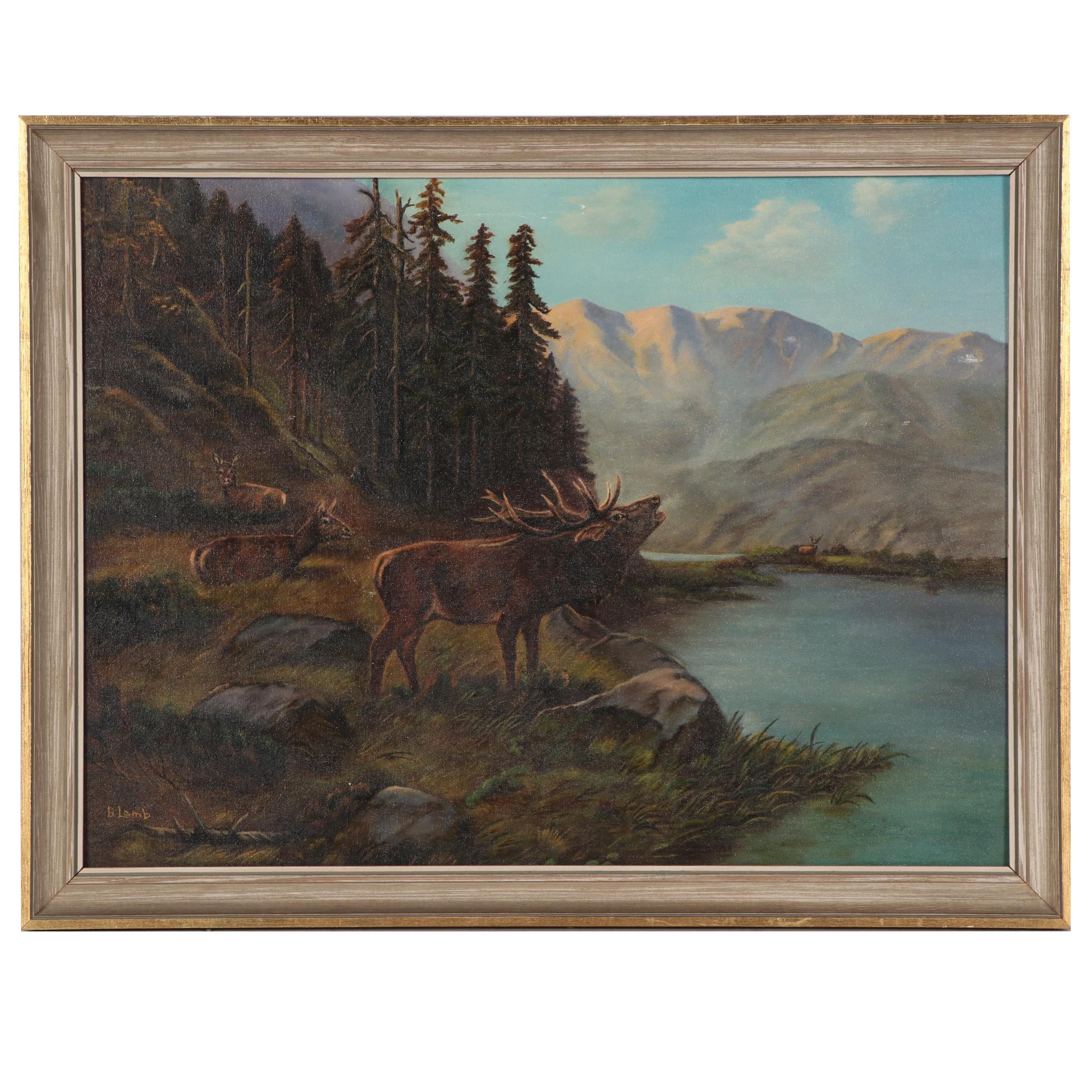 B. Lamb Landscape Oil Painting of Elk Near a River, Late 20th Century