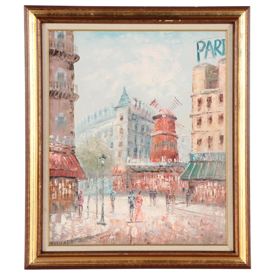 Impressionist Style Oil Painting of Moulin Rouge, Late 20th Century