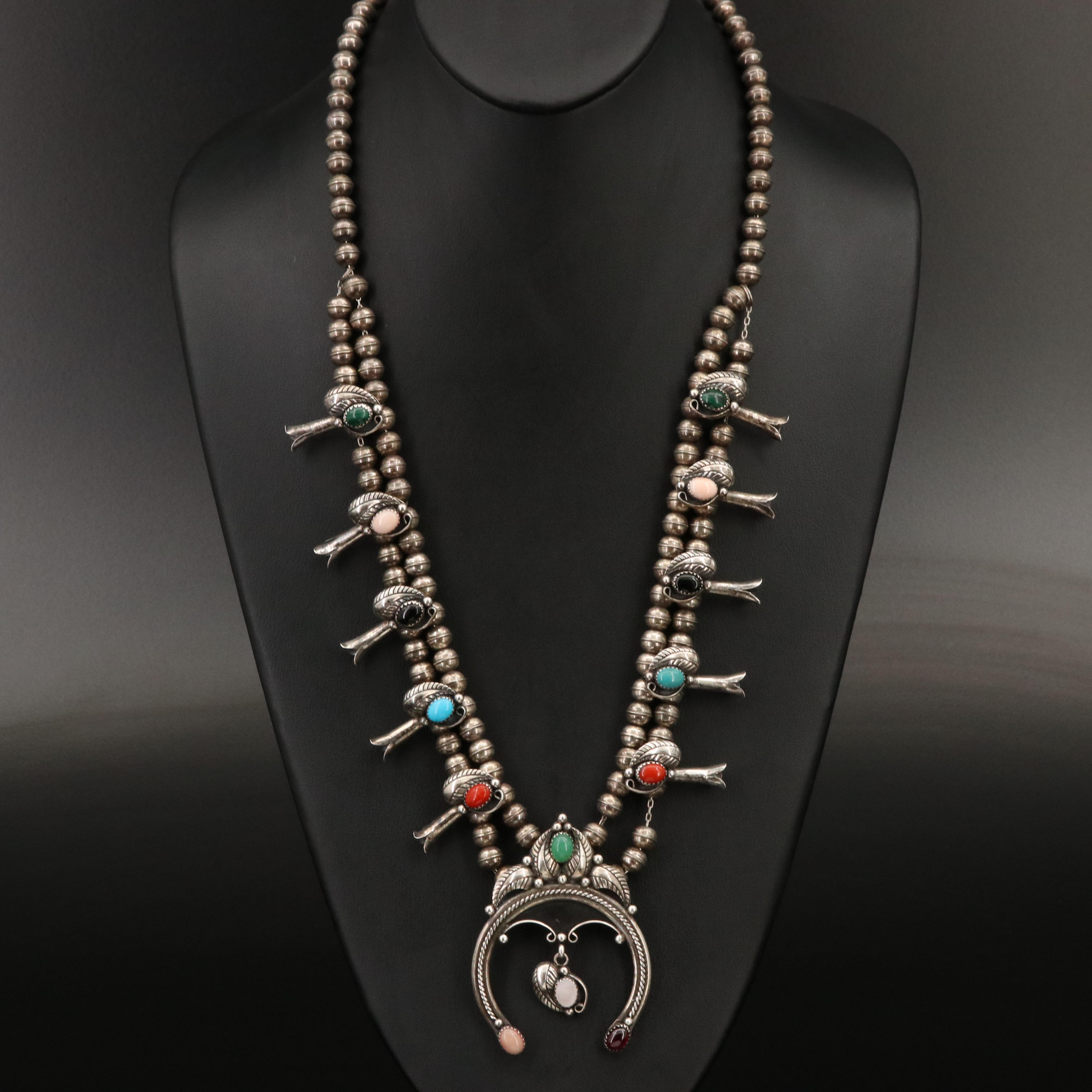 Carolyn Pollack Sterling Copal and Mother of Pearl Squash Blossom Necklace