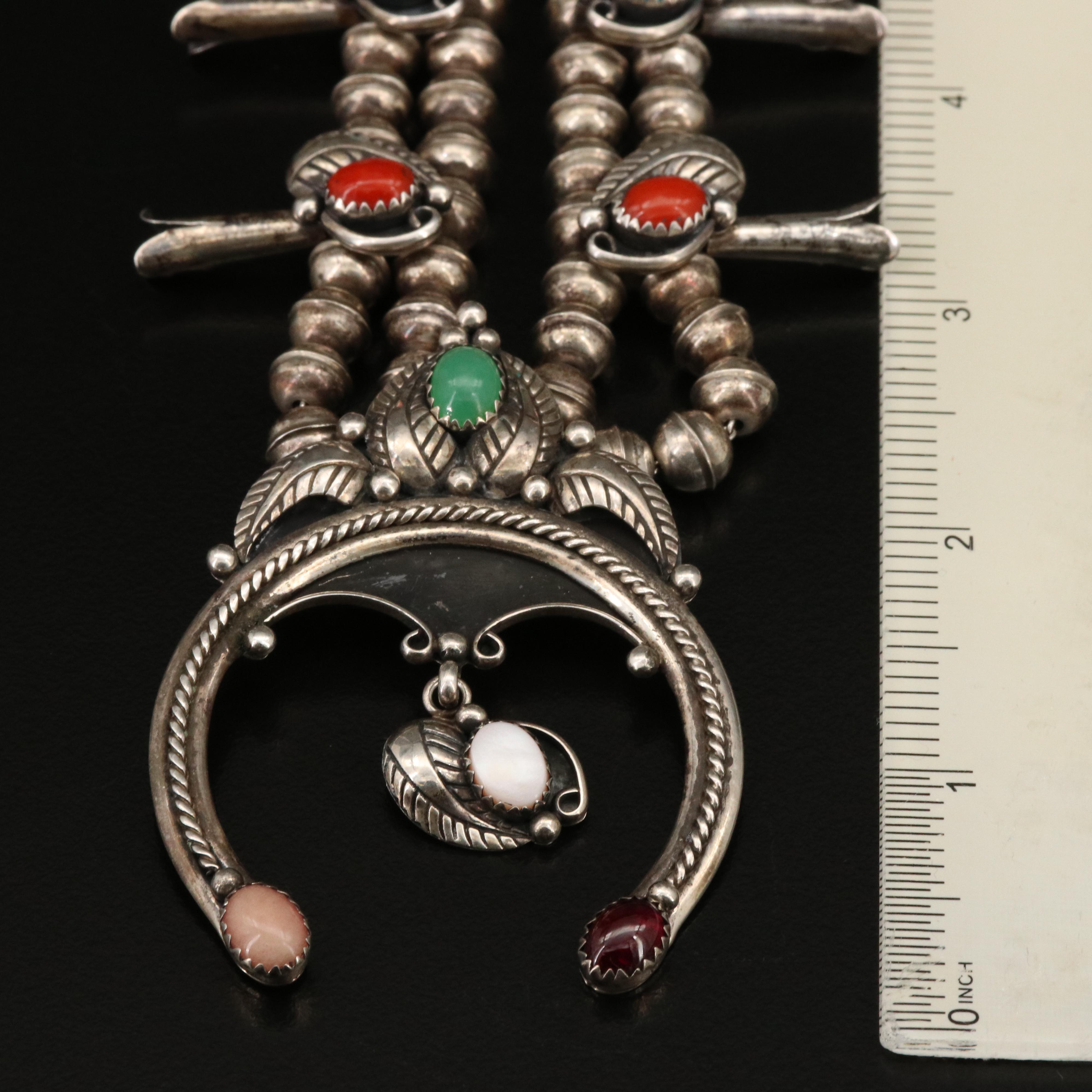 Carolyn Pollack Sterling Copal and Mother of Pearl Squash Blossom Necklace