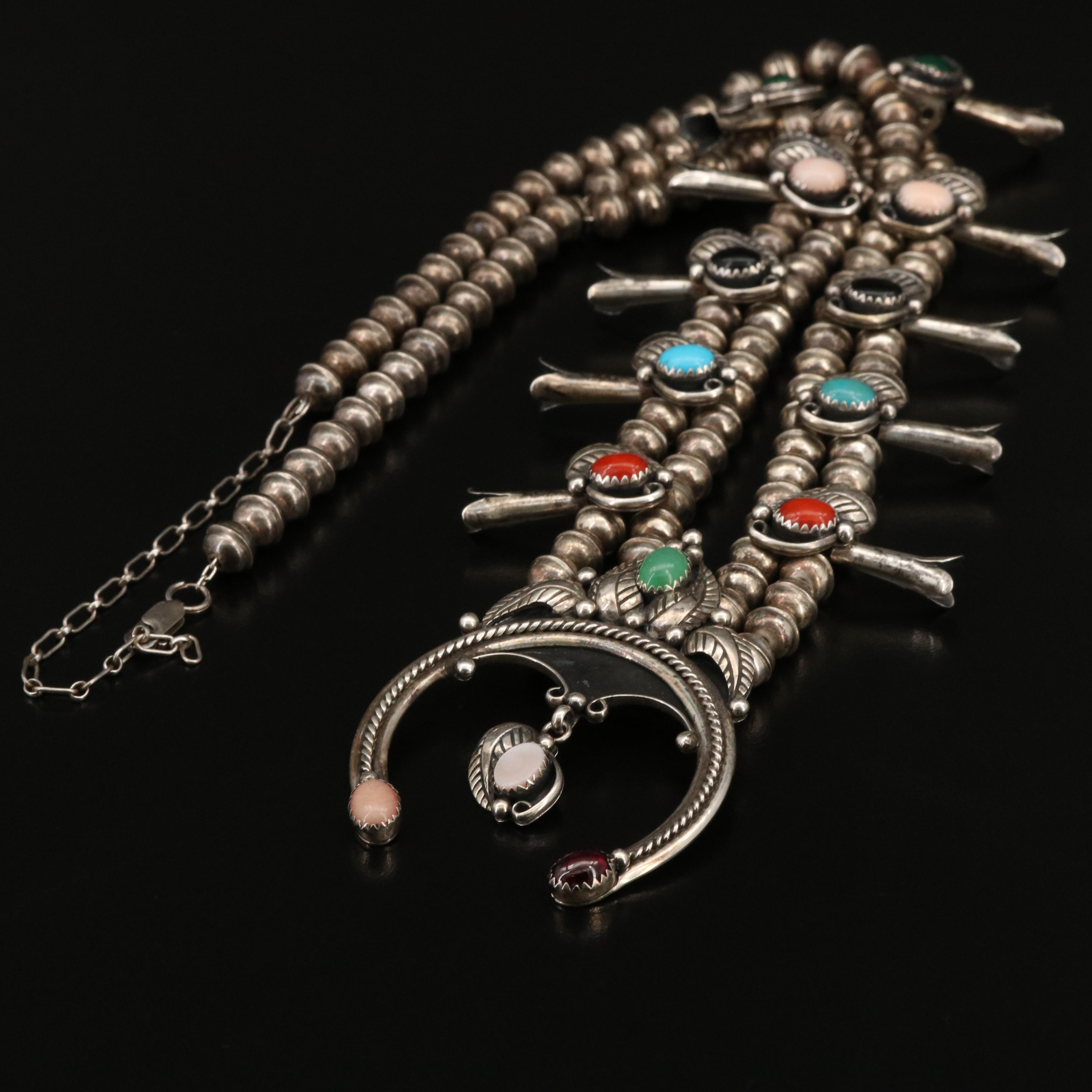 Carolyn Pollack Sterling Copal and Mother of Pearl Squash Blossom Necklace