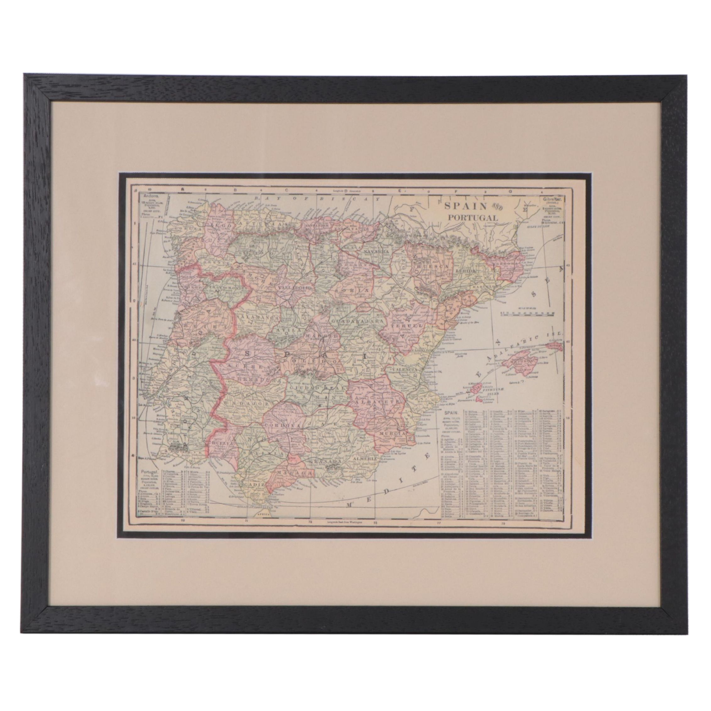 Wood Engraved Map of Spain and Portugal, 1898