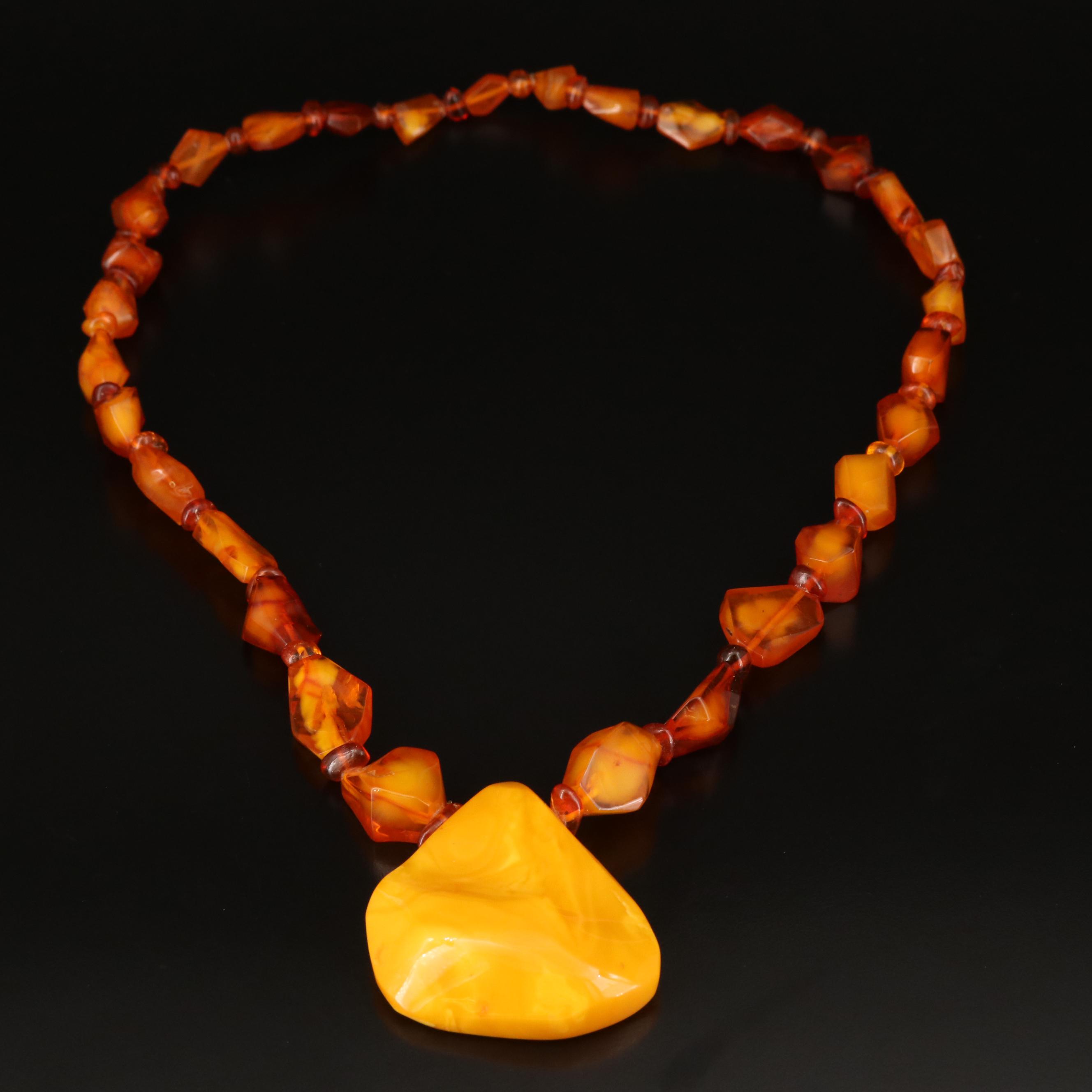 Beaded Amber  and Mutton Fat Pendant Necklace