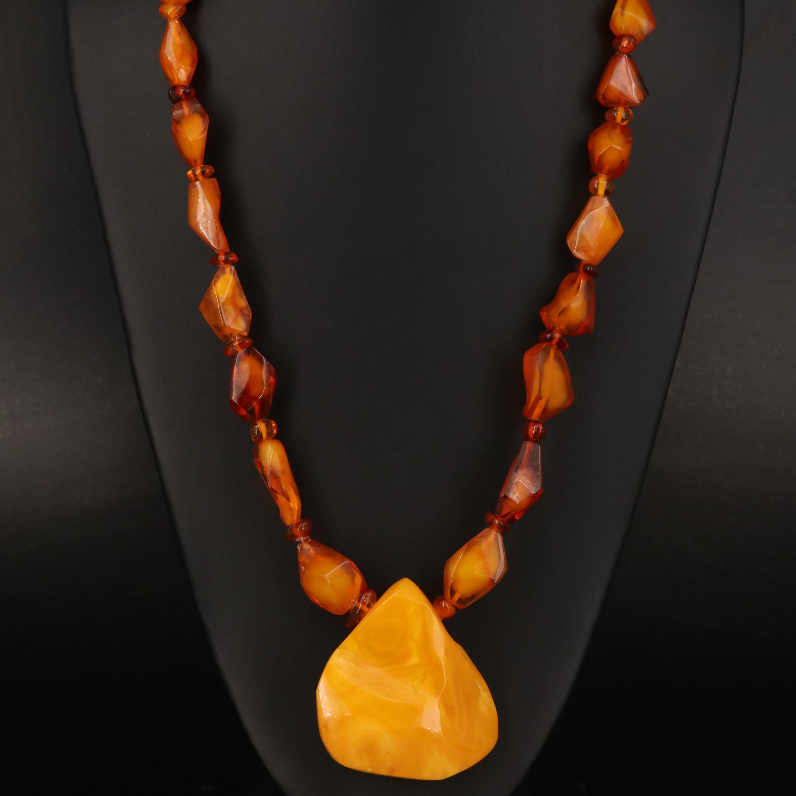 Beaded Amber  and Mutton Fat Pendant Necklace