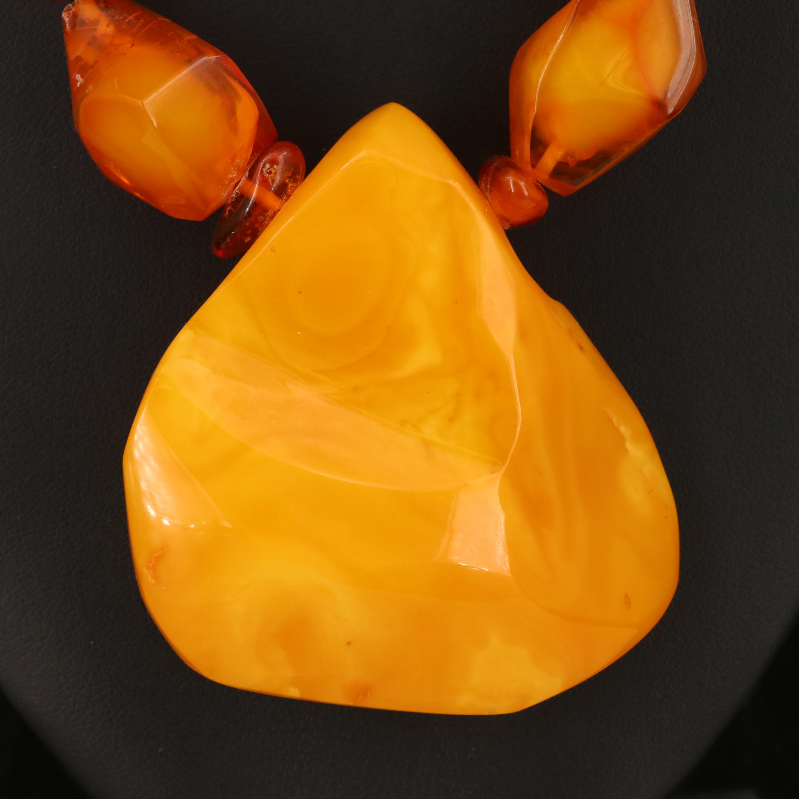 Beaded Amber  and Mutton Fat Pendant Necklace