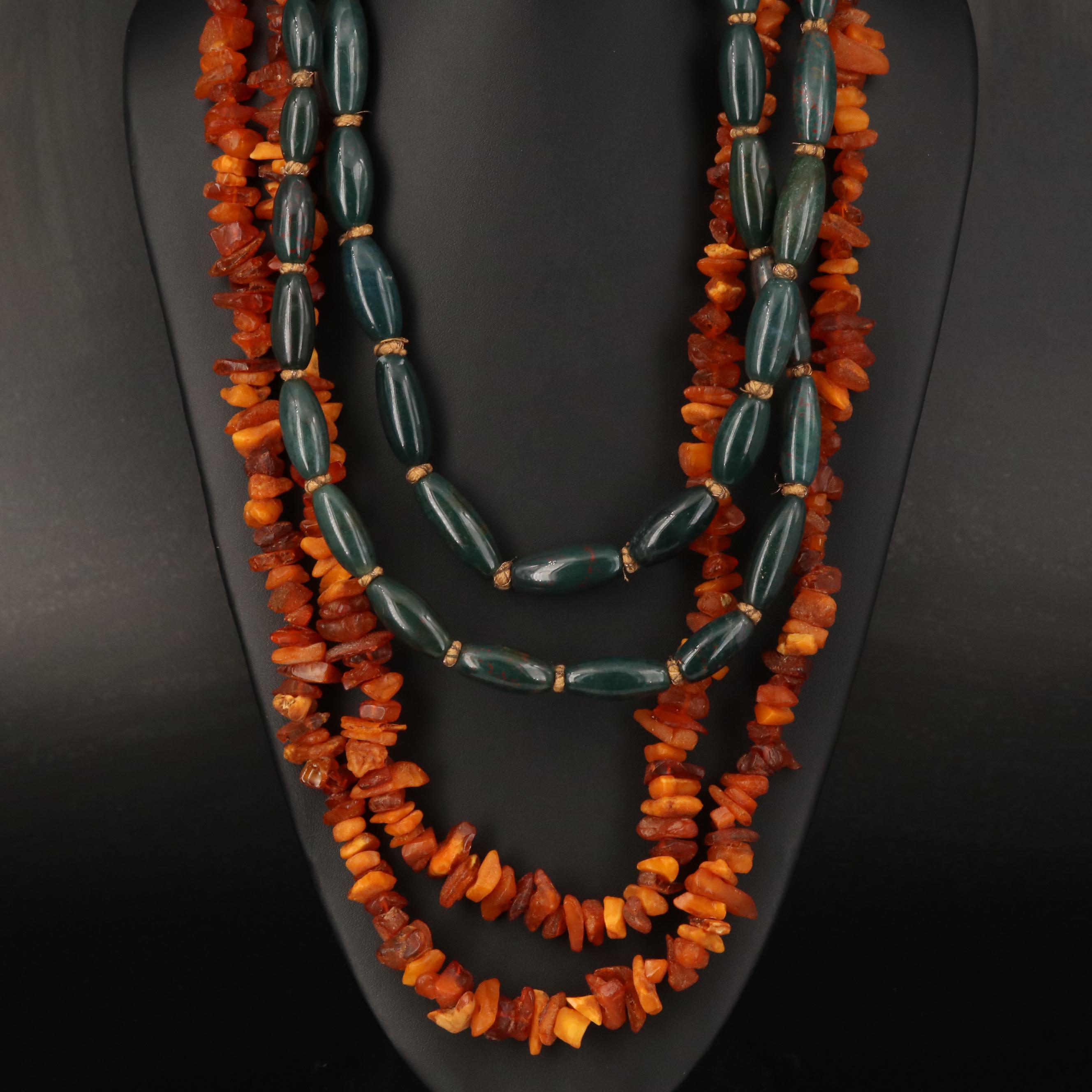 Beaded Bloodstone and Amber Chip Necklaces