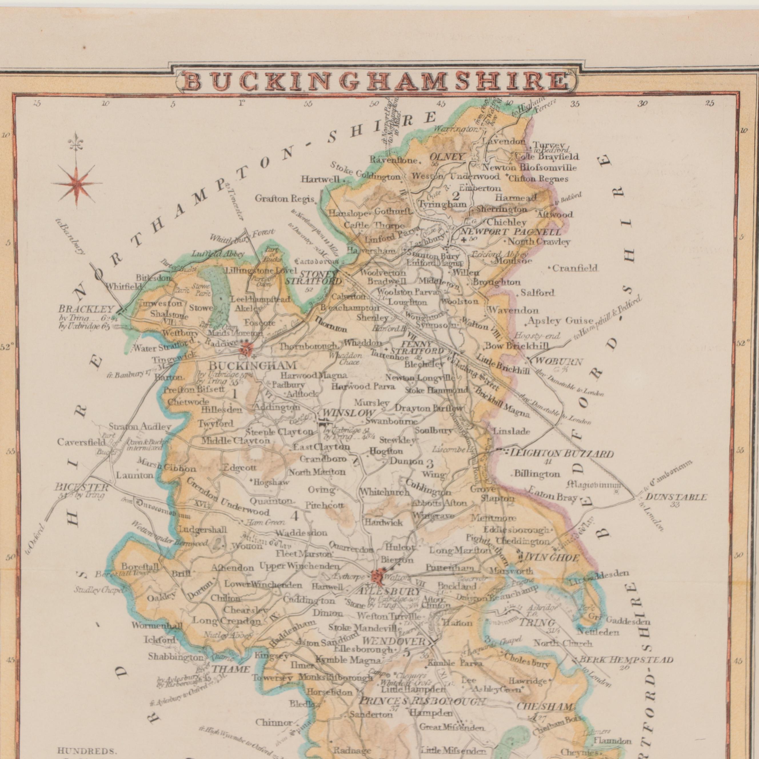 Hand-Colored Engraving Map "Buckinghamshire," Mid to Late 19th Century