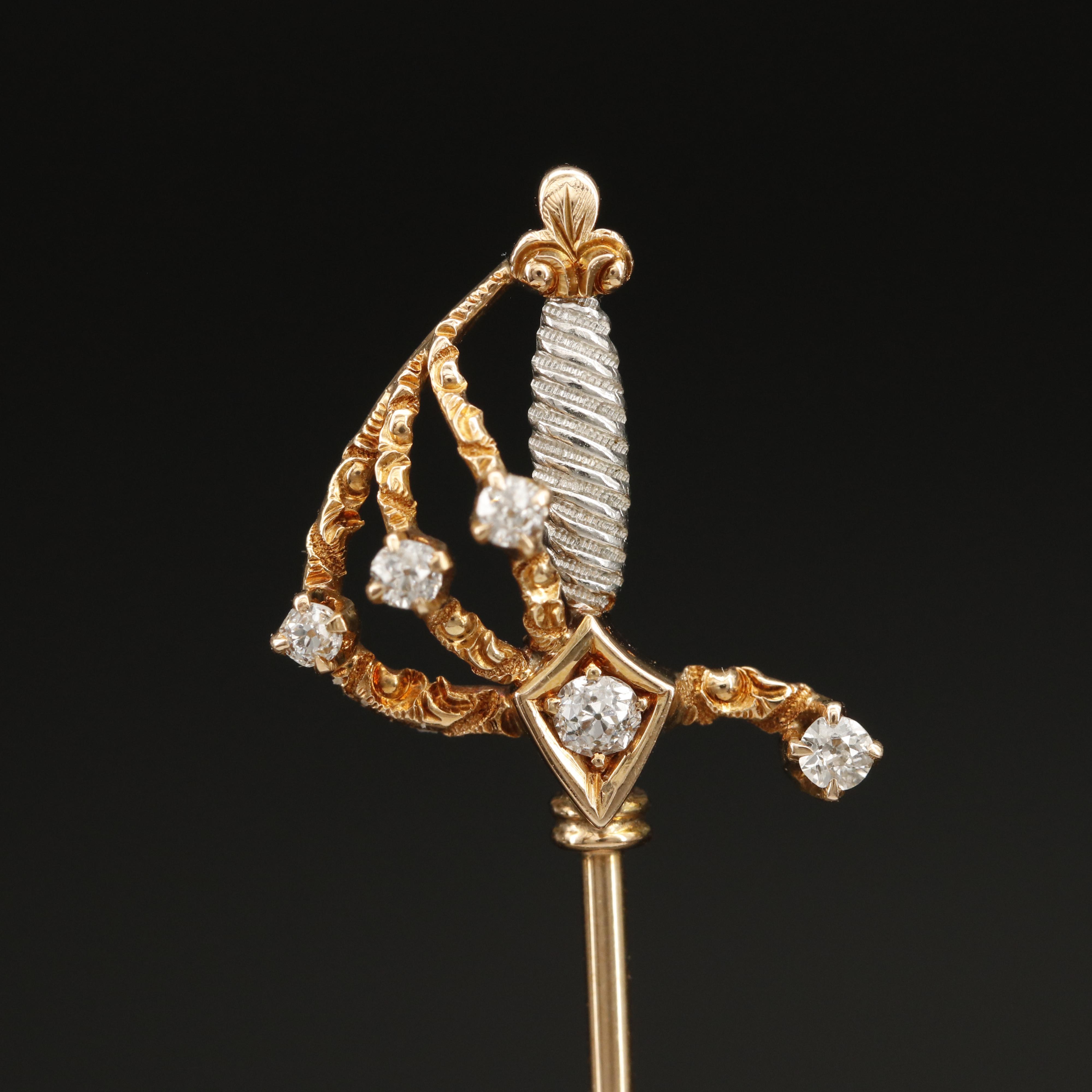 Antique 14K 0.20 CTW Diamond Sword Stick Pin