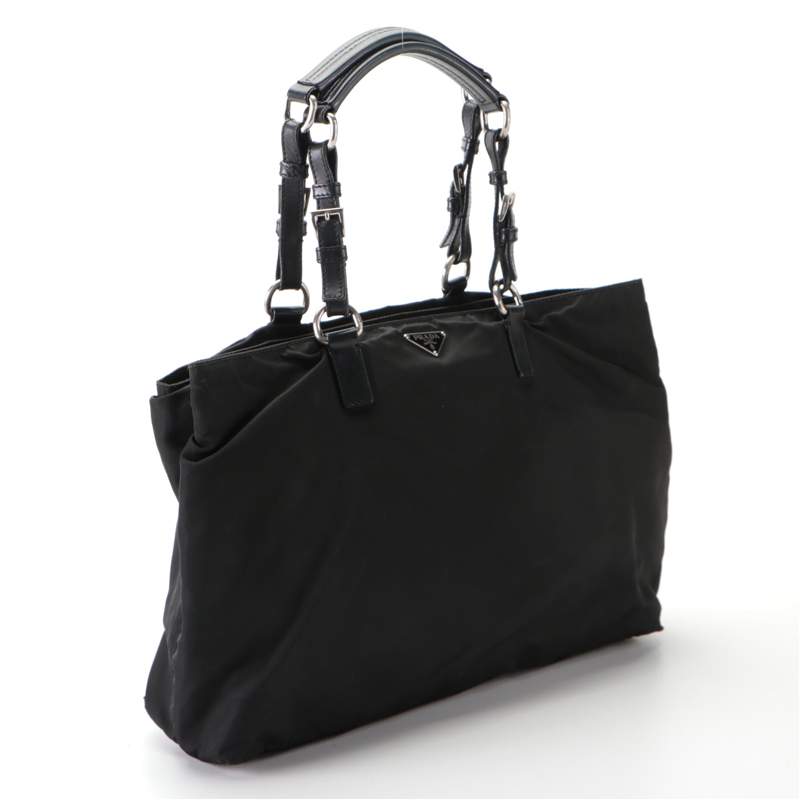Prada Three-Compartment Tote in Black Tessuto Nylon and Calfskin Leather