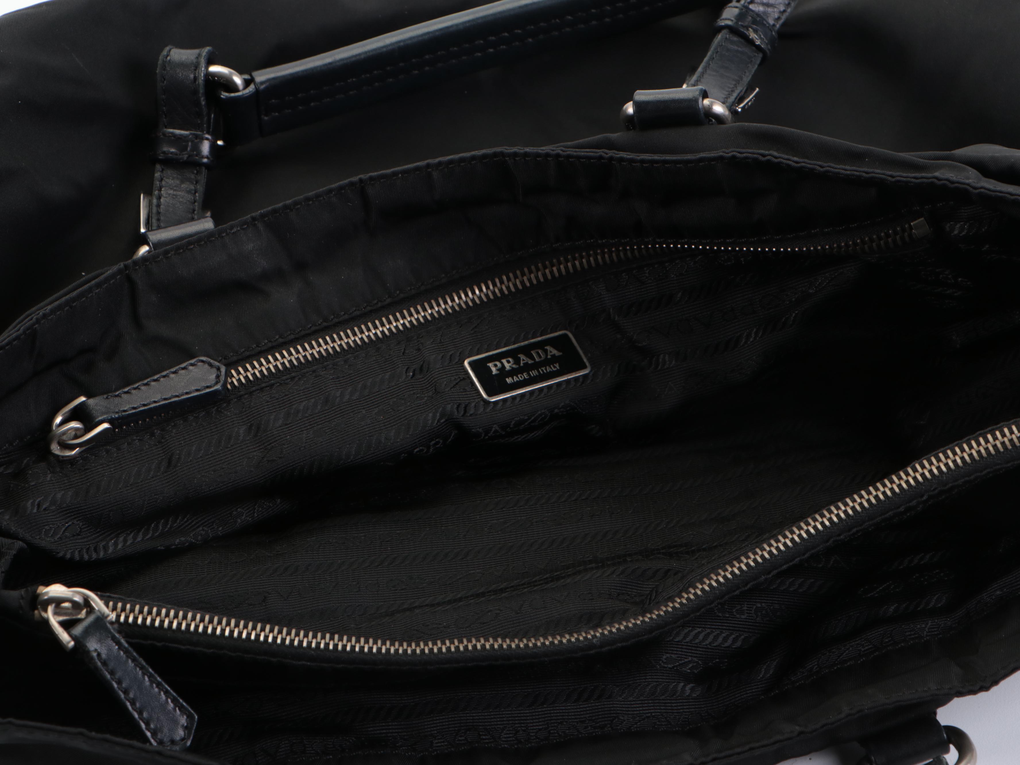Prada Three-Compartment Tote in Black Tessuto Nylon and Calfskin Leather