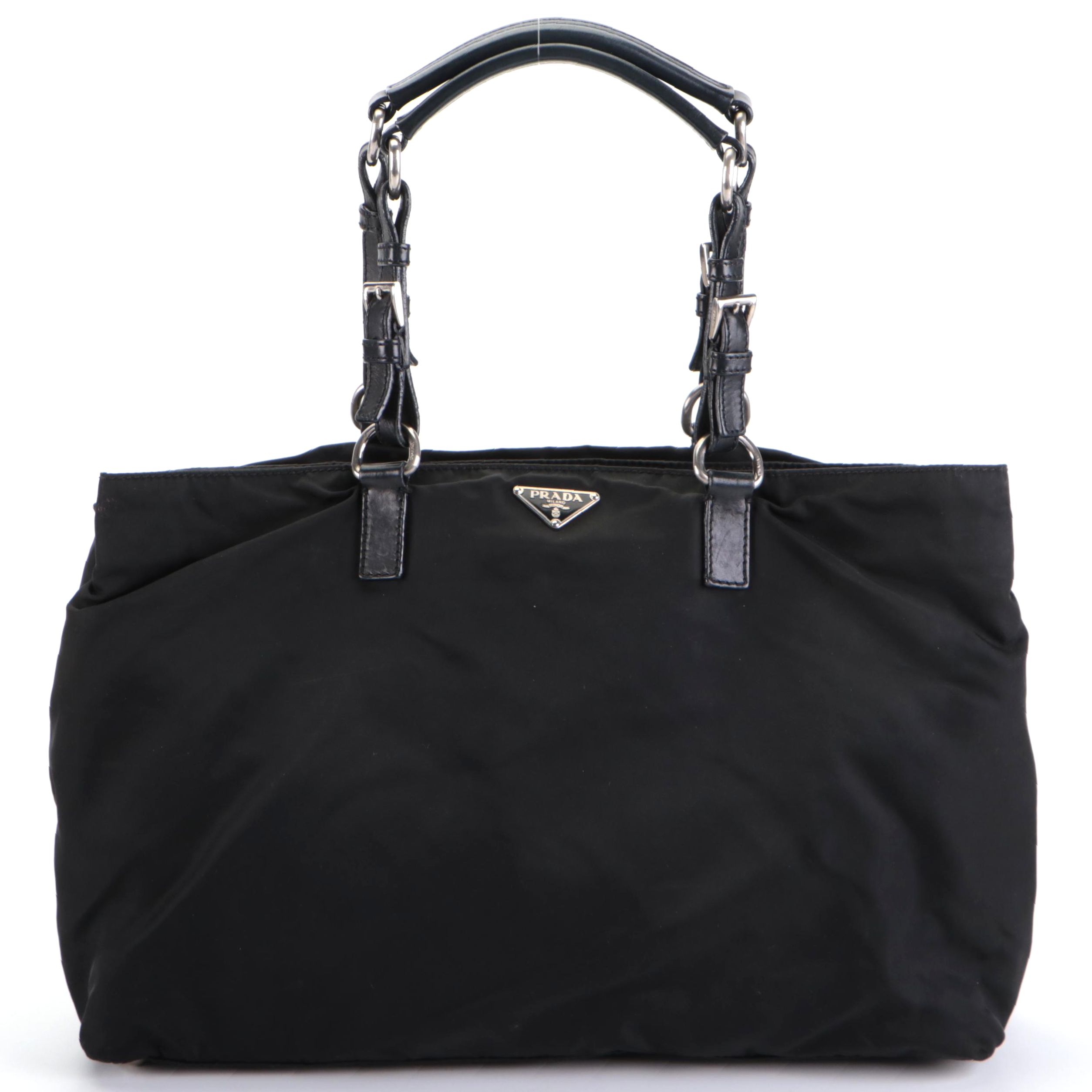 Prada Three-Compartment Tote in Black Tessuto Nylon and Calfskin Leather