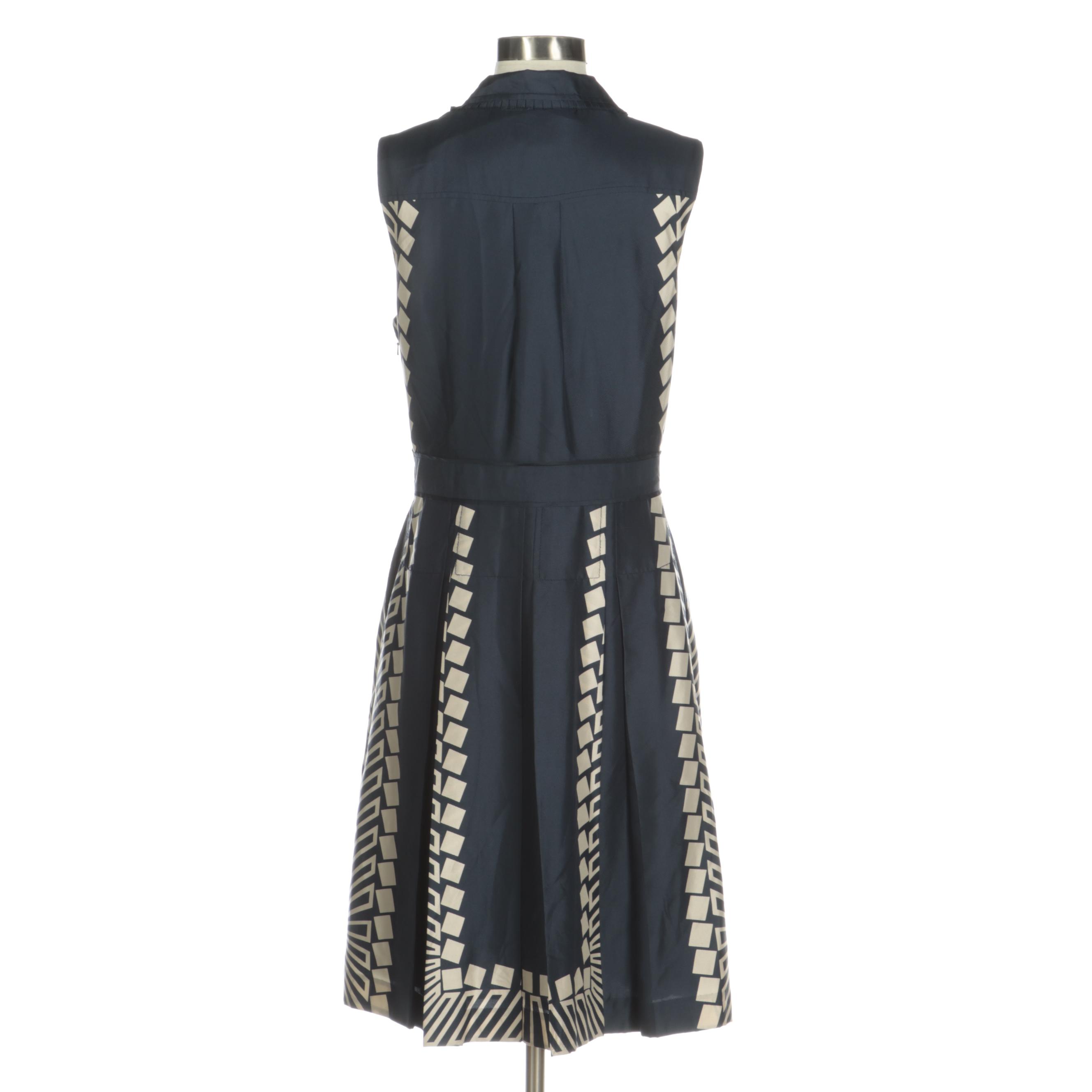 Tory Burch Navy Silk Sleeveless Dress with Geometric Motif