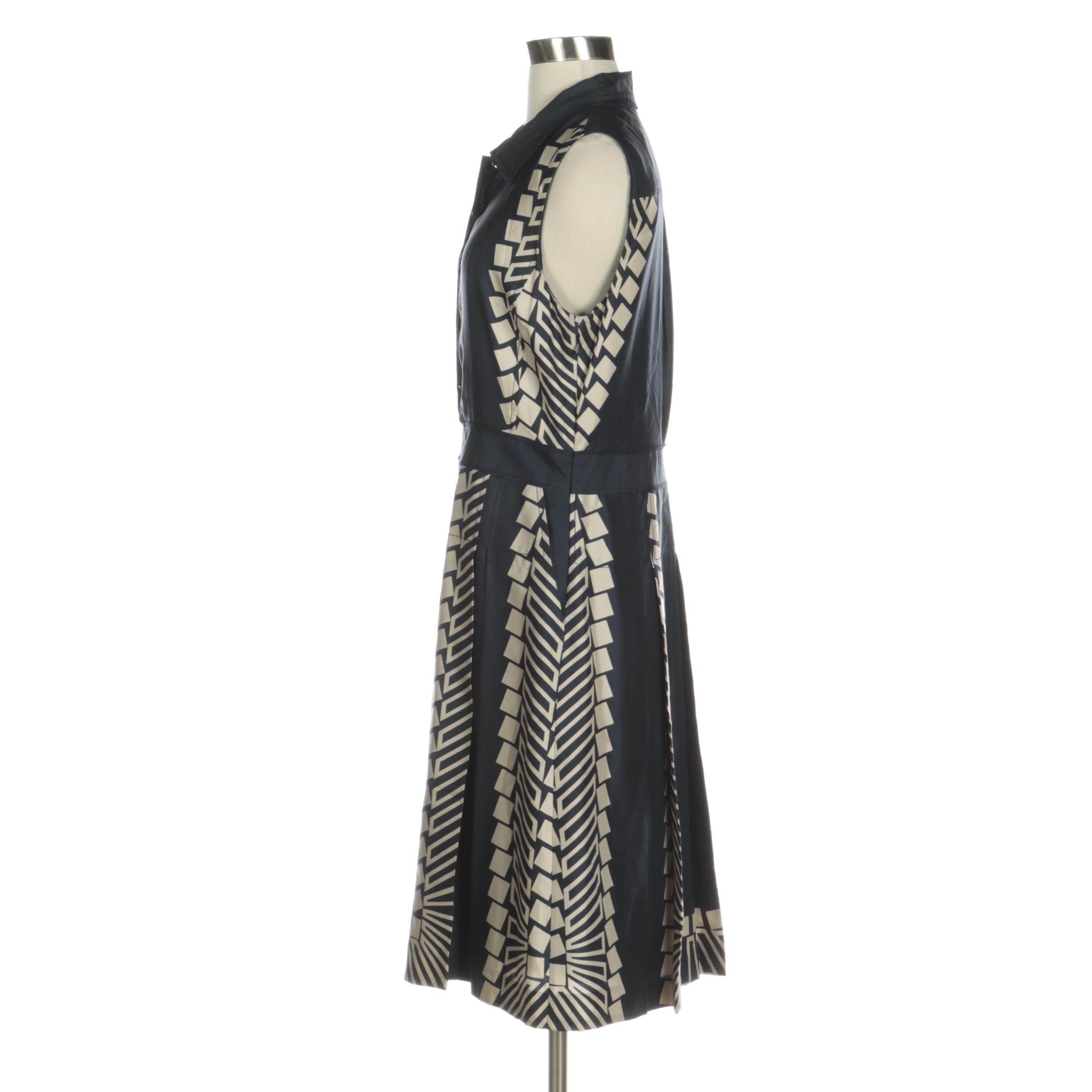 Tory Burch Navy Silk Sleeveless Dress with Geometric Motif