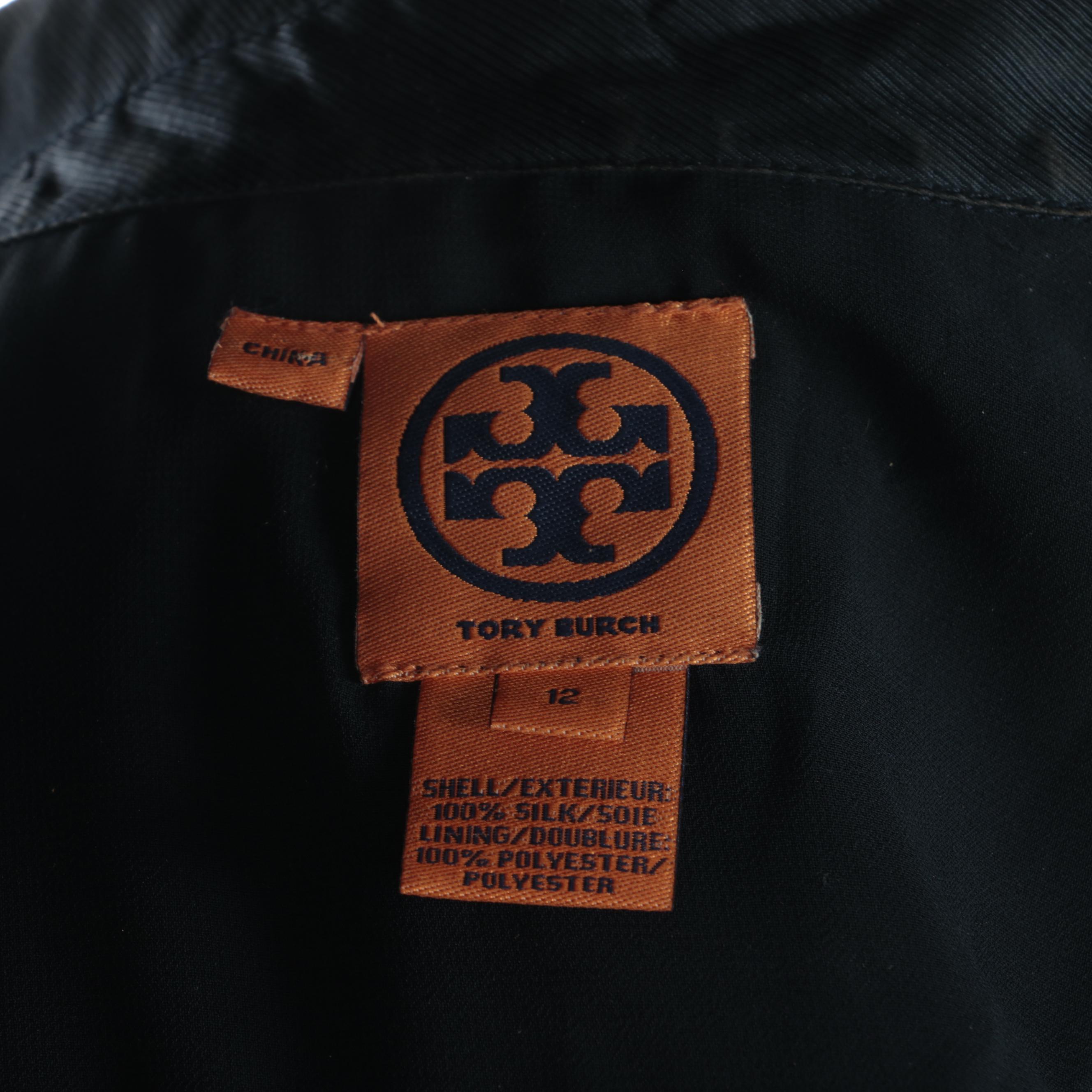 Tory Burch Navy Silk Sleeveless Dress with Geometric Motif