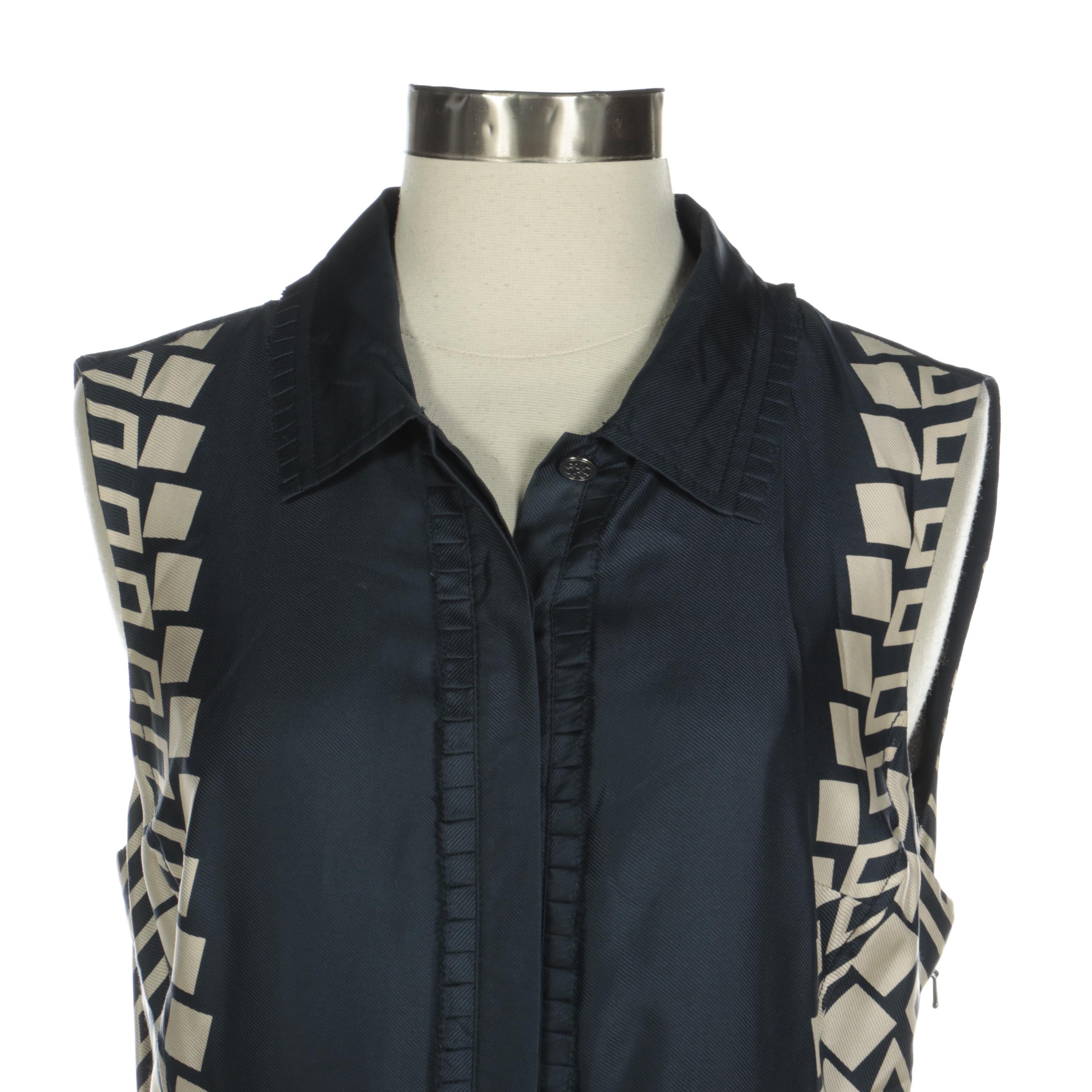 Tory Burch Navy Silk Sleeveless Dress with Geometric Motif