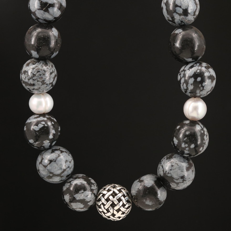 Snowflake Obsidian, Pearl and Sterling Beaded Necklace with Sterling Clasp