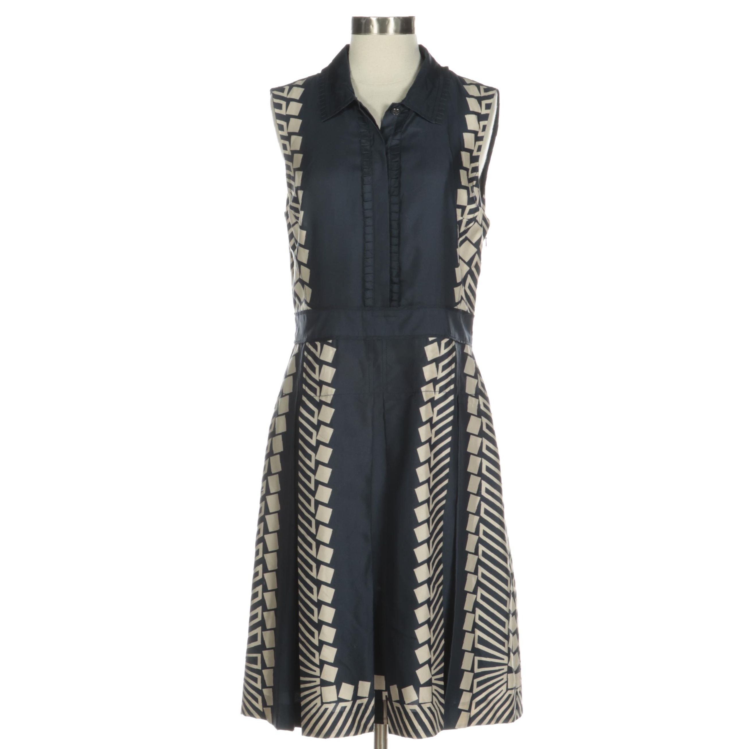 Tory Burch Navy Silk Sleeveless Dress with Geometric Motif
