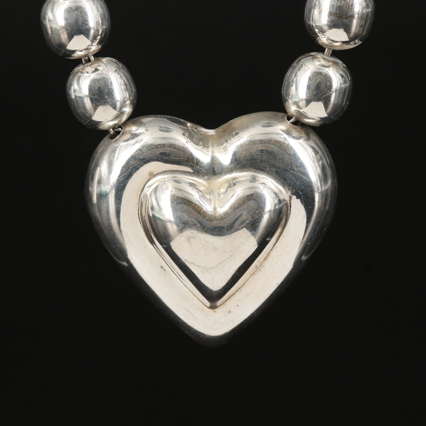 Mexican Sterling Bead Necklace with Heart Pendant