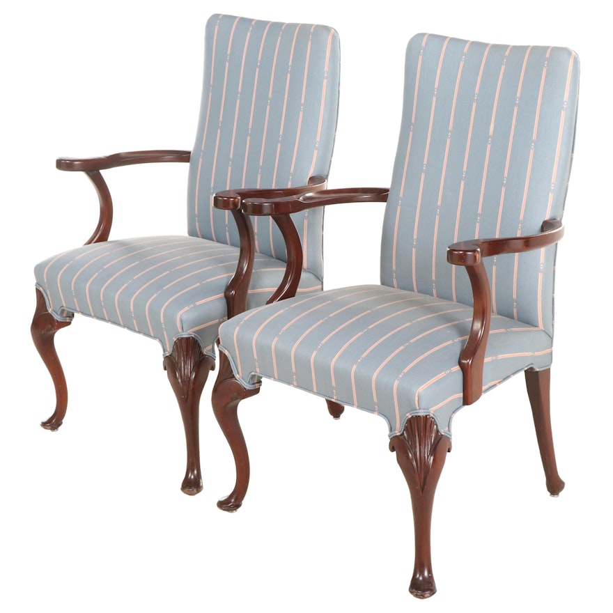 Pair of Queen Anne Style Upholstered Mahogany Armchairs, Late 20th Century