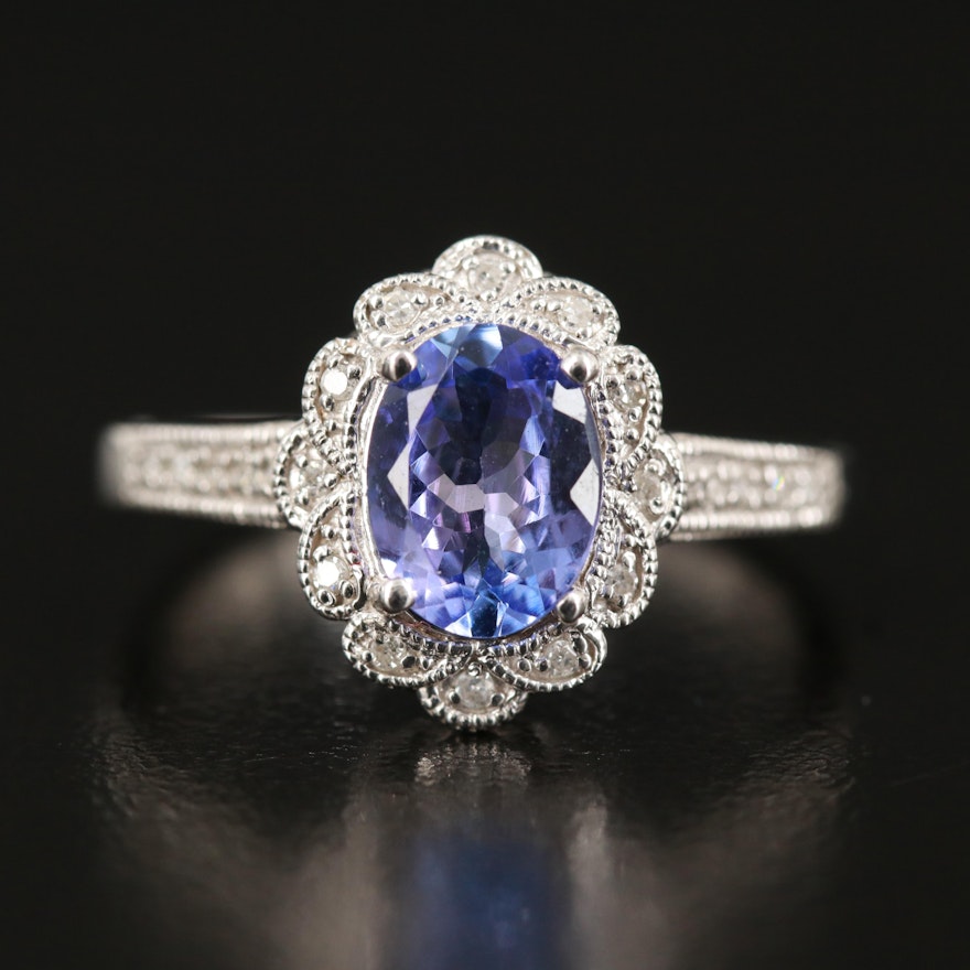 Sterling Tanzanite and Diamond Halo Ring with Milgrain Detail