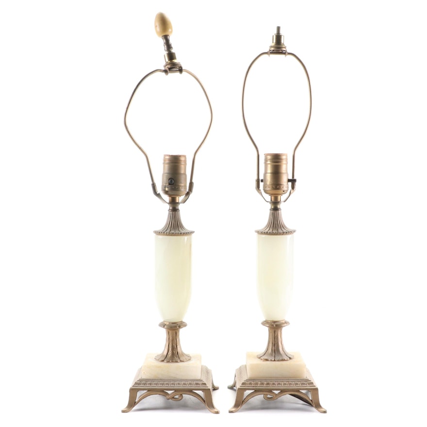 Neoclassical Style Carved Stone and Gilt Metal Table Lamps, Early to Mid 20th C.