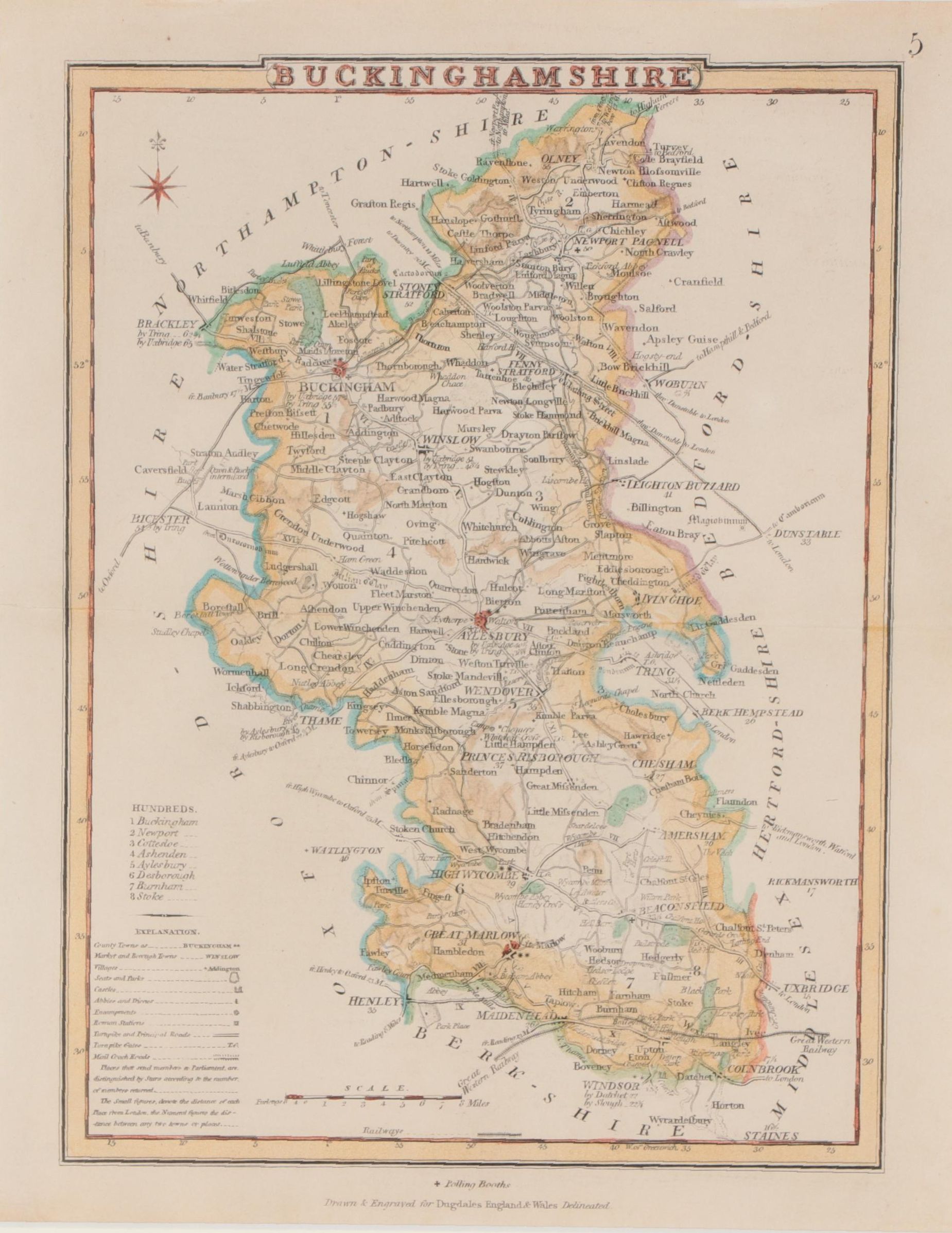 Hand-Colored Engraving Map "Buckinghamshire," Mid to Late 19th Century
