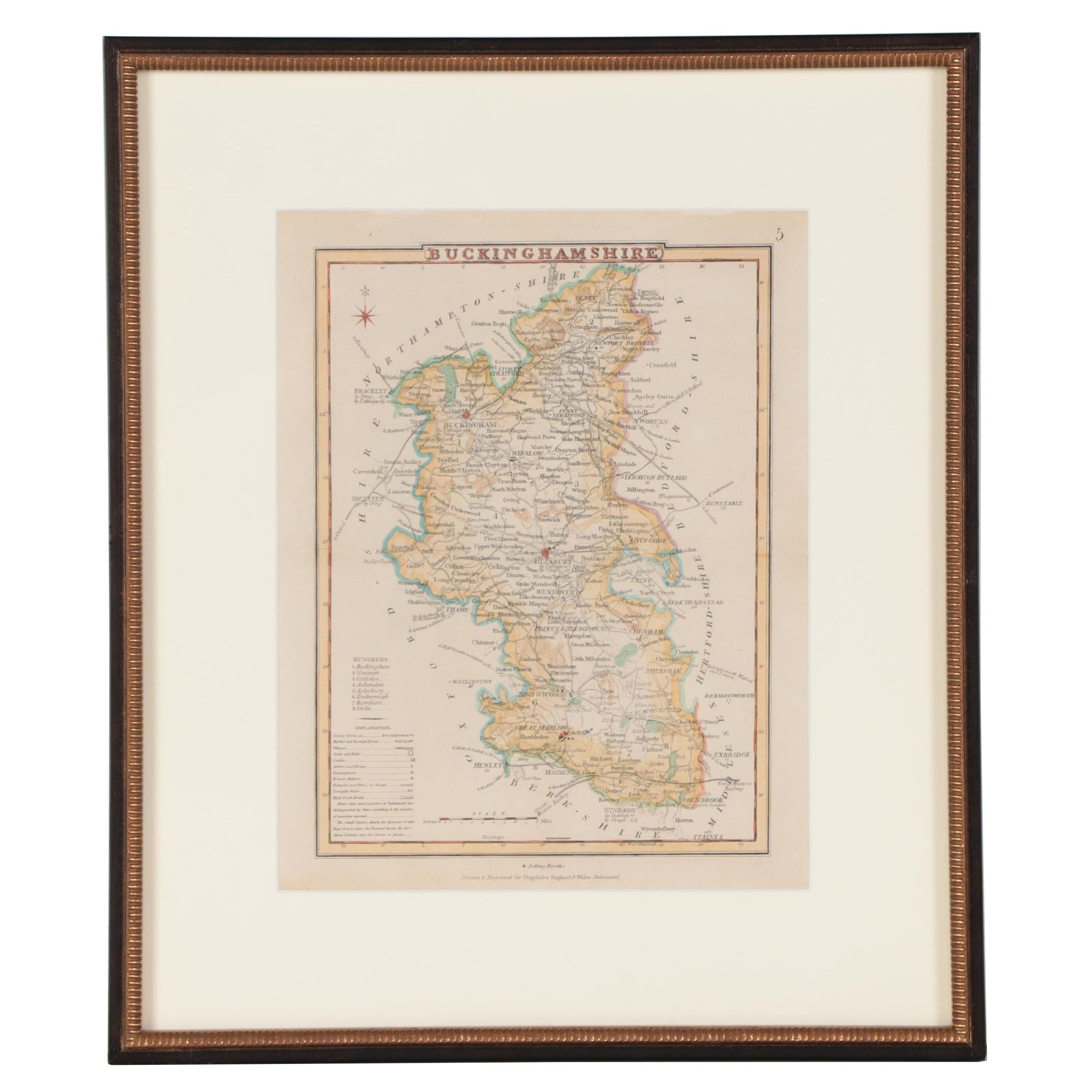 Hand-Colored Engraving Map "Buckinghamshire," Mid to Late 19th Century