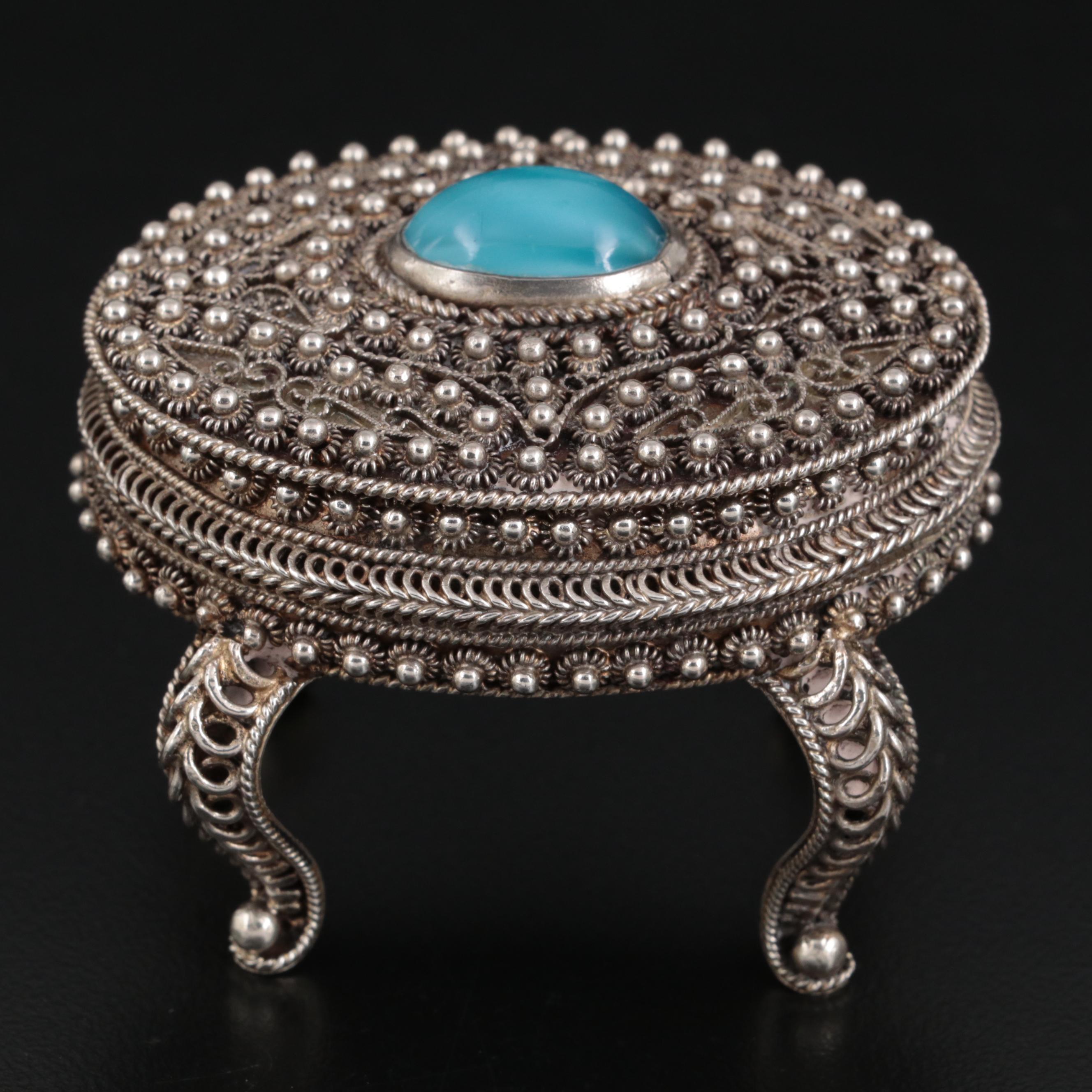 Portuguese 835 Silver and Glass Inlay Footed Small Box