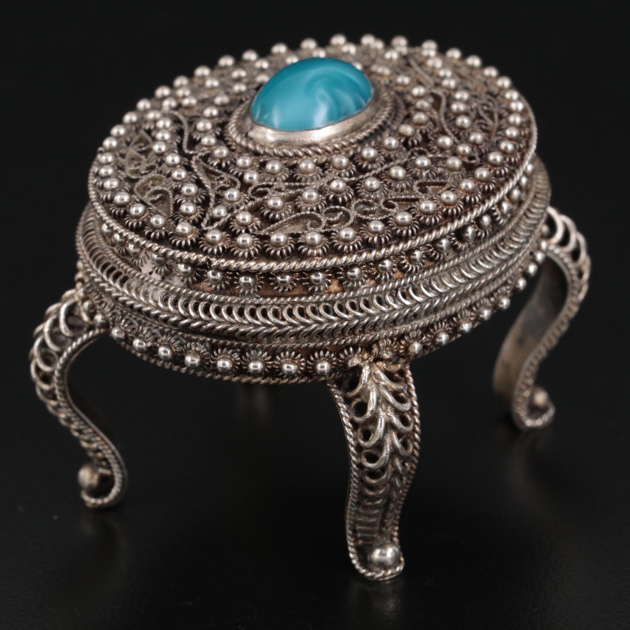 Portuguese 835 Silver and Glass Inlay Footed Small Box