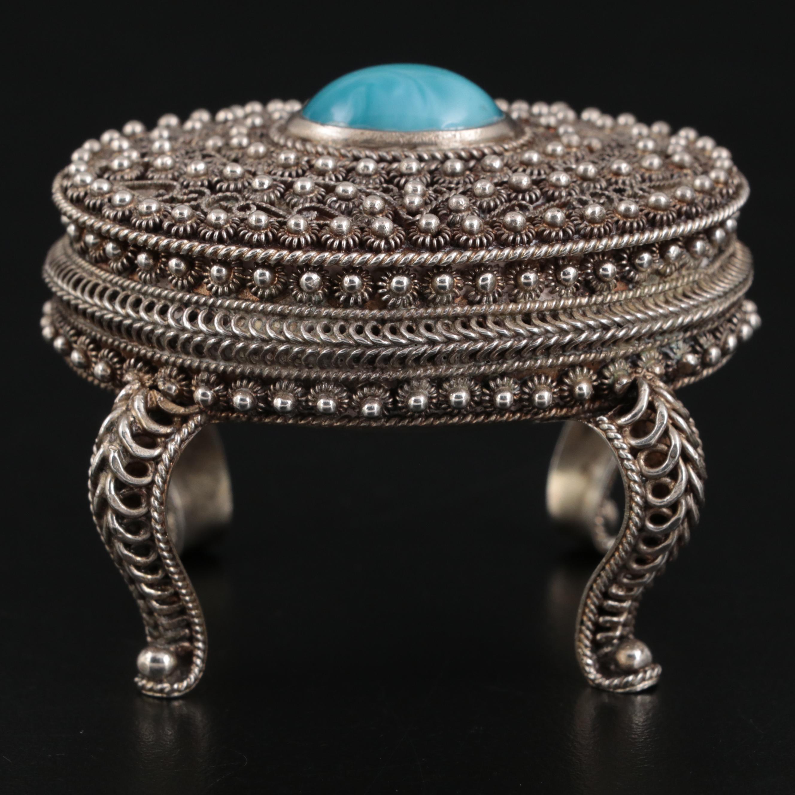 Portuguese 835 Silver and Glass Inlay Footed Small Box