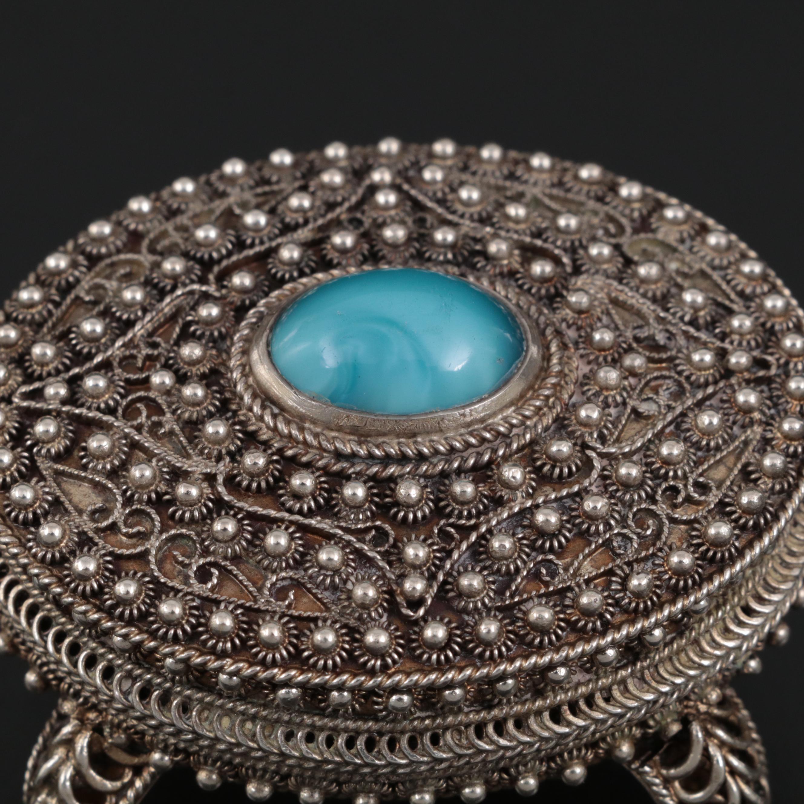 Portuguese 835 Silver and Glass Inlay Footed Small Box