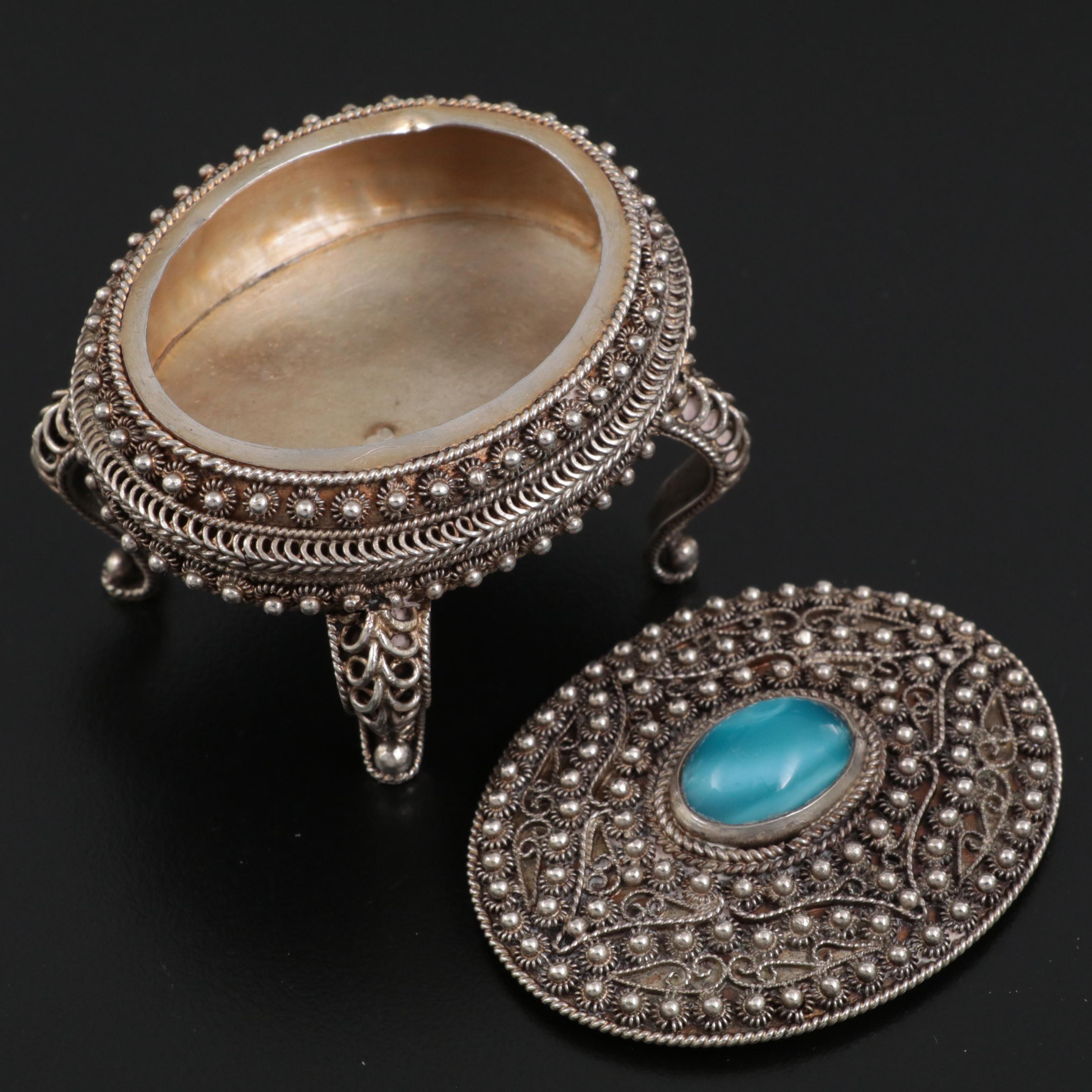 Portuguese 835 Silver and Glass Inlay Footed Small Box