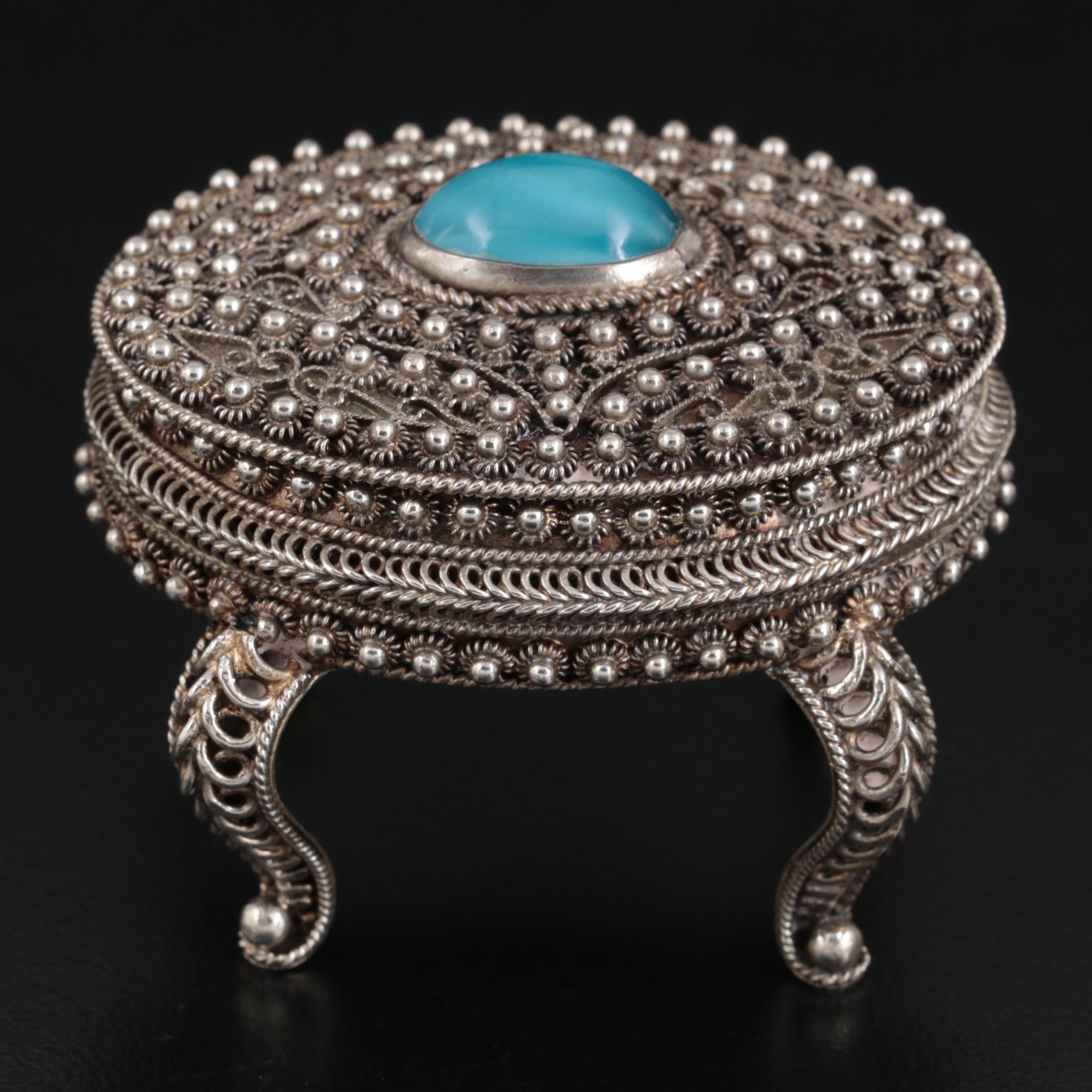 Portuguese 835 Silver and Glass Inlay Footed Small Box