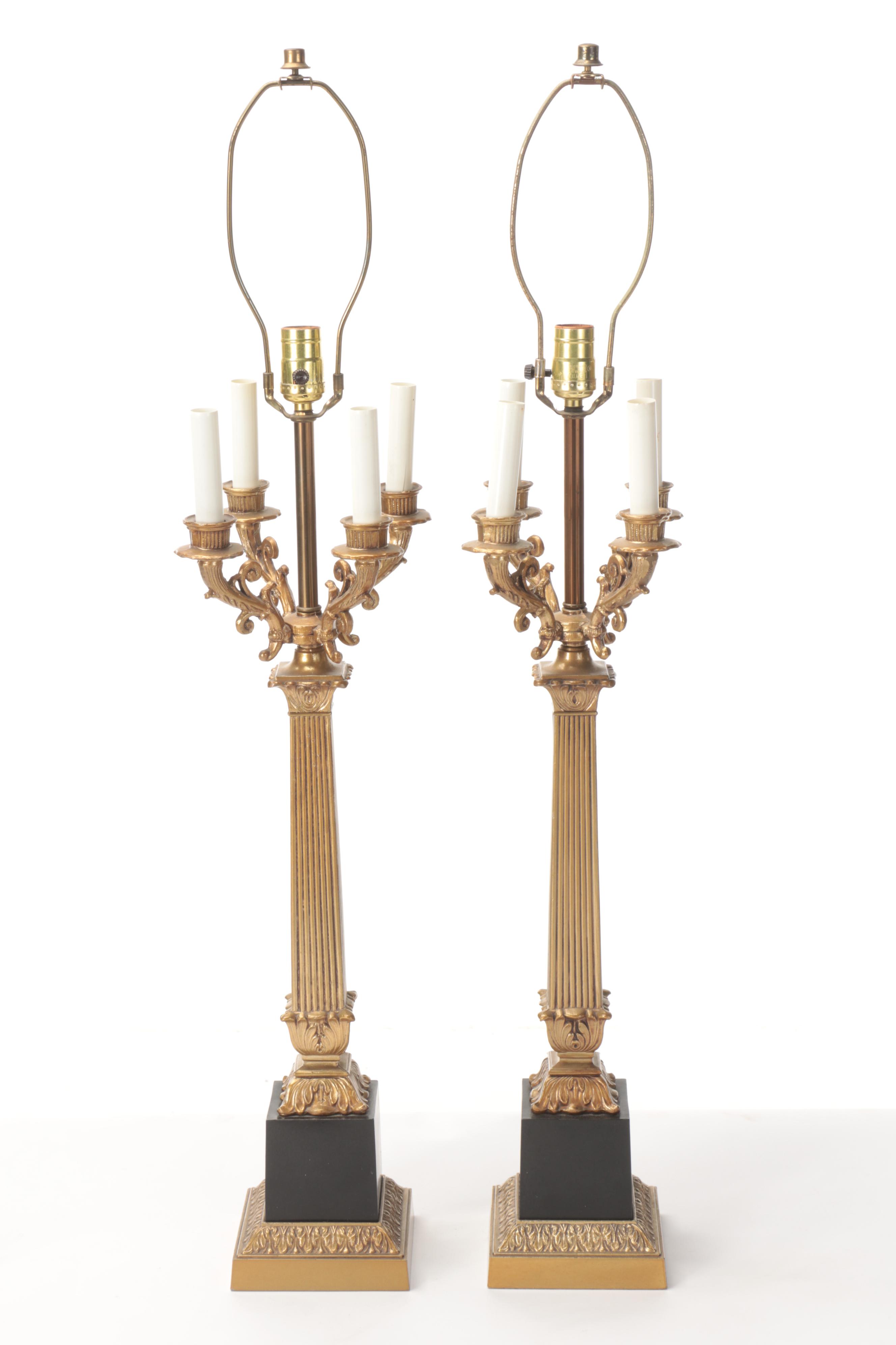 Neoclassical Style Gilt Candelabra Style Table Lamps, Mid-20th Century