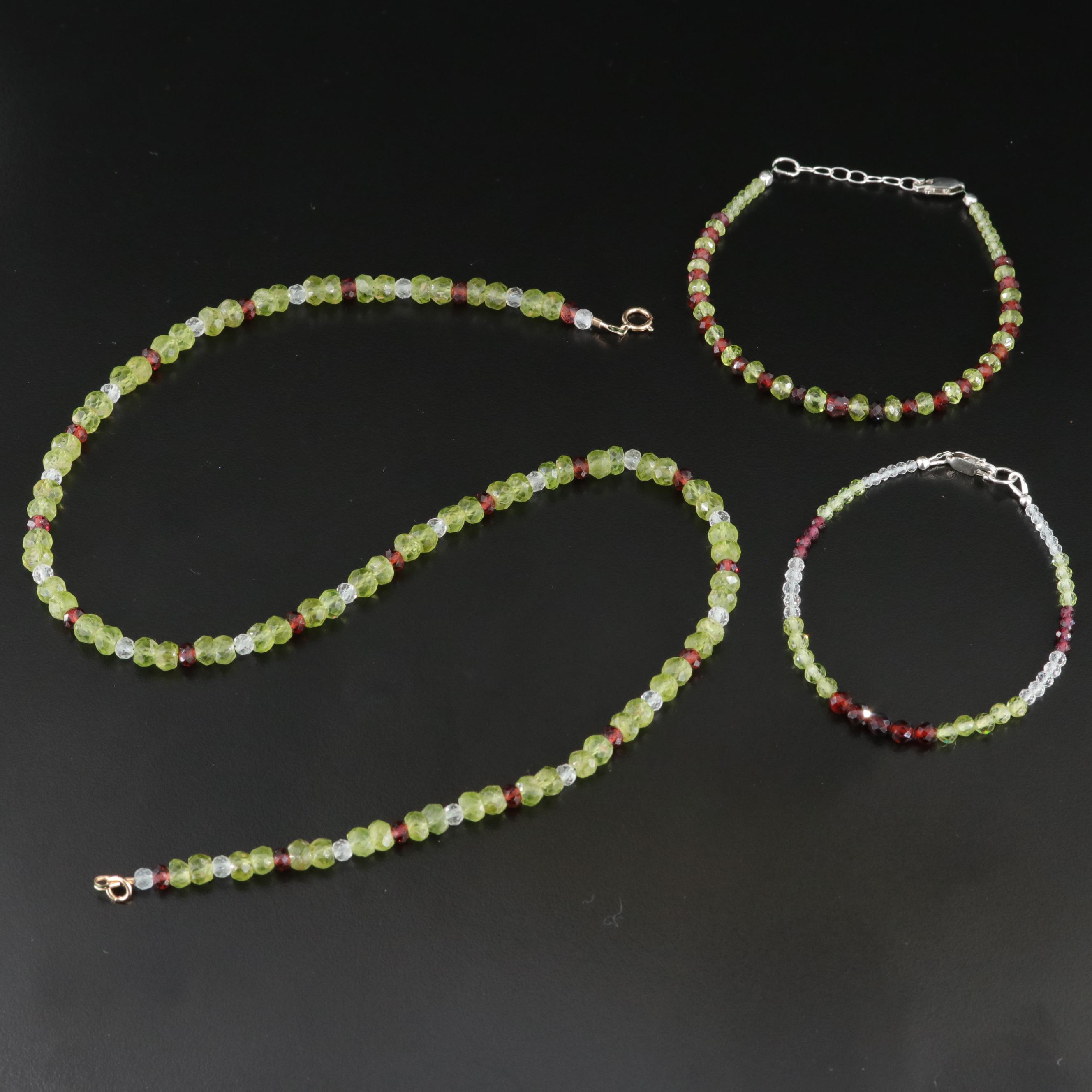 Peridot, Garnet and White Topaz 10K Necklace and Sterling Bracelets