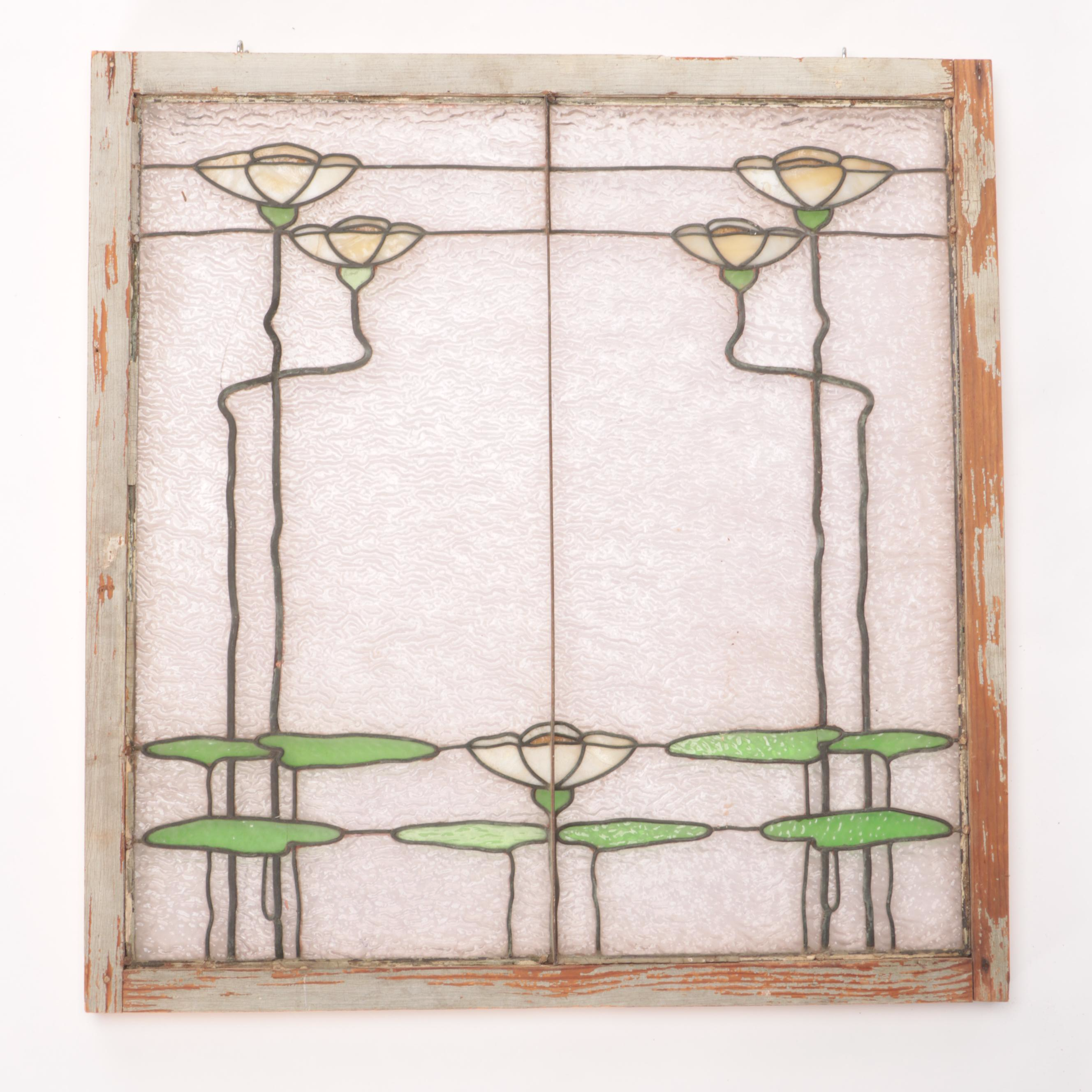 Arts and Crafts Framed Leaded Stained Glass Window, Early 20th Century