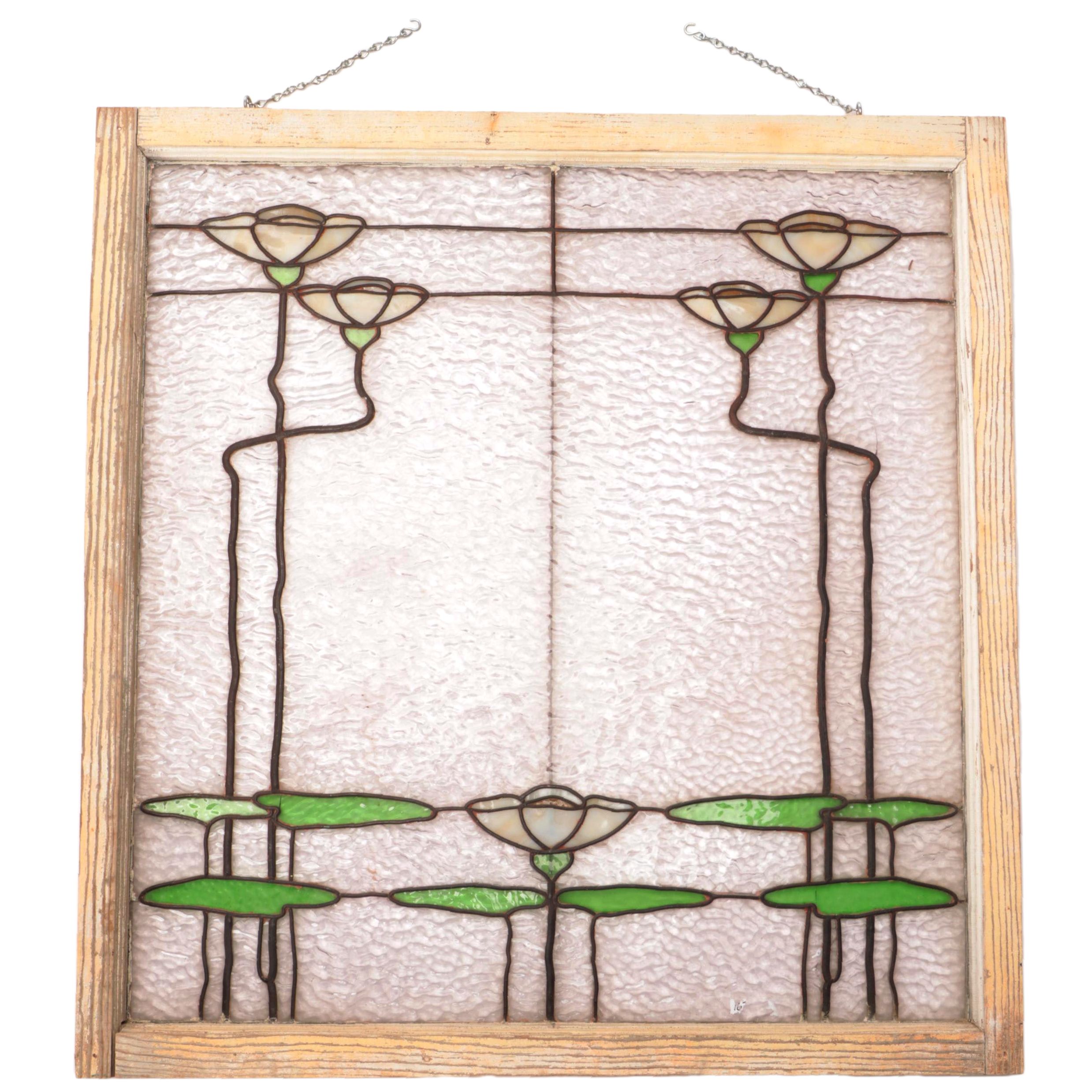Arts and Crafts Framed Leaded Stained Glass Window, Early 20th Century