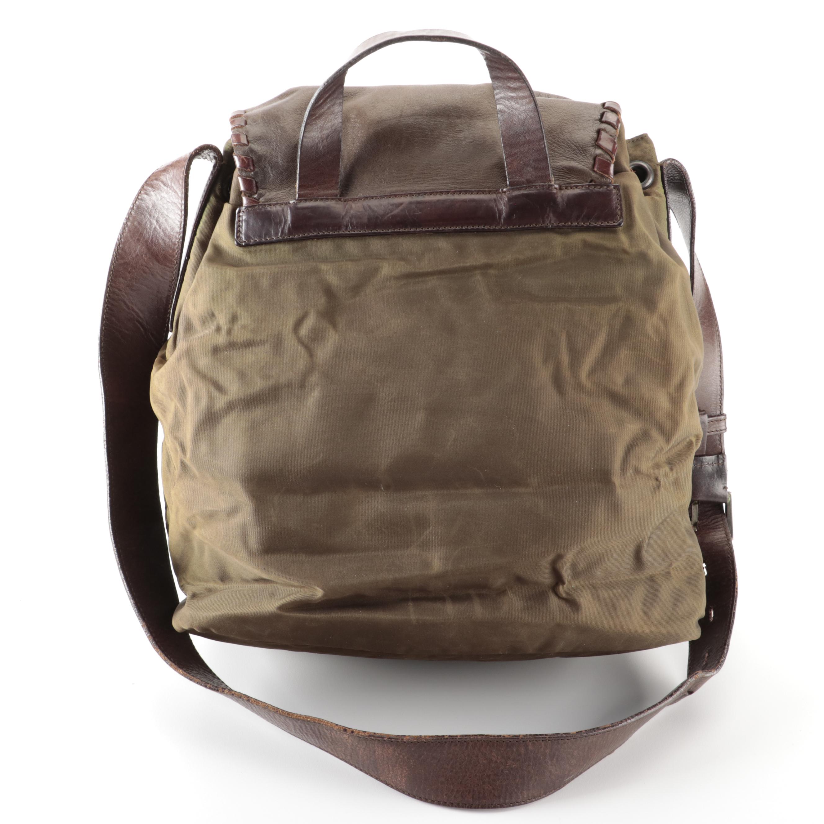 Prada Brown Whipstitched Leather and Green Tessuto Nylon Drawstring Shoulder Bag