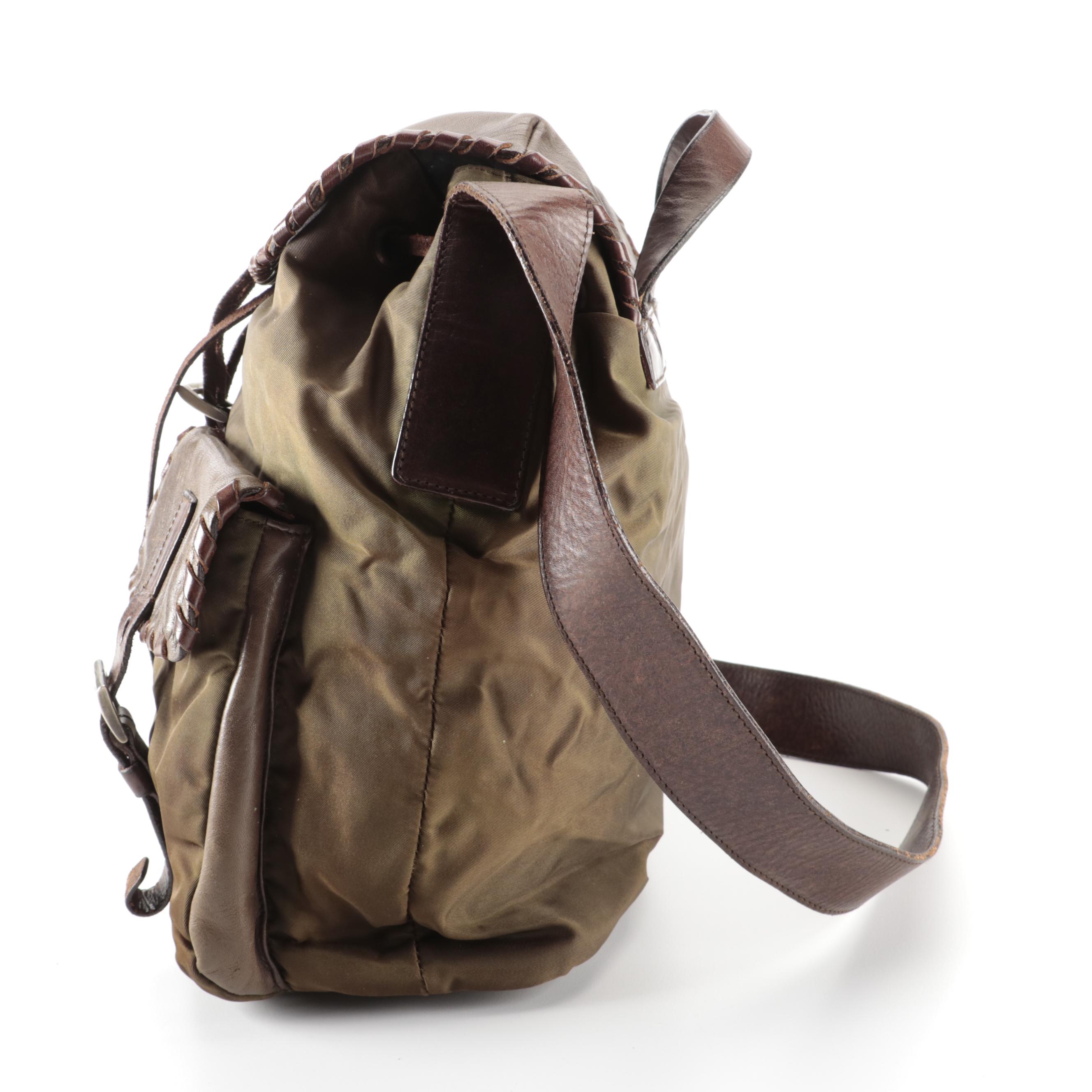 Prada Brown Whipstitched Leather and Green Tessuto Nylon Drawstring Shoulder Bag