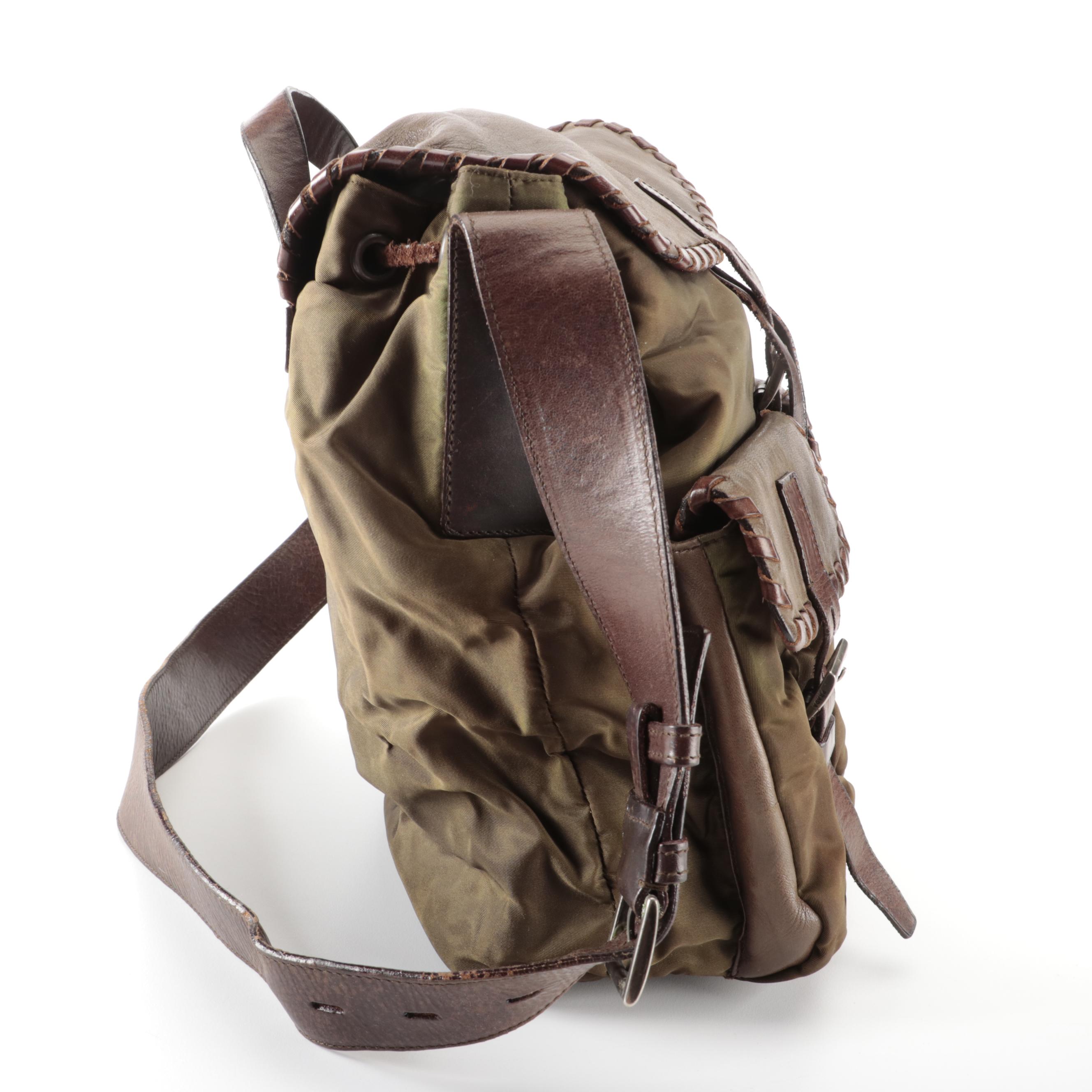 Prada Brown Whipstitched Leather and Green Tessuto Nylon Drawstring Shoulder Bag