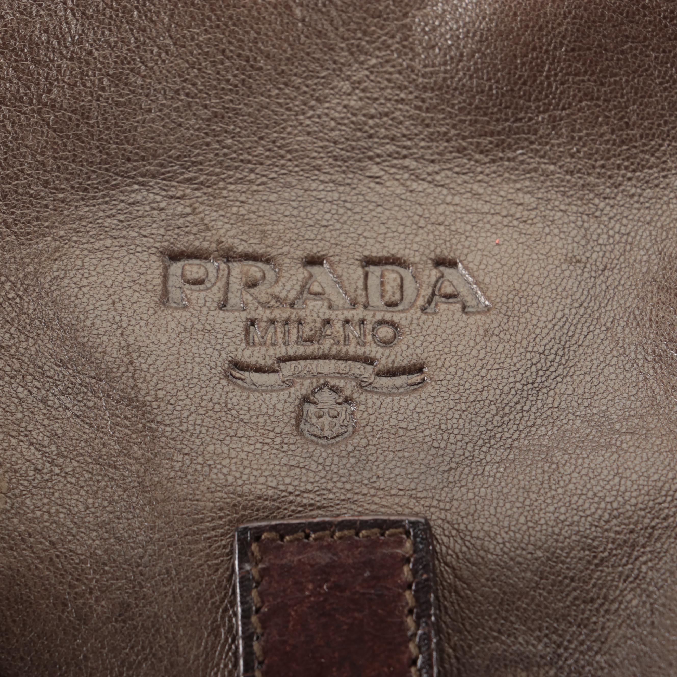 Prada Brown Whipstitched Leather and Green Tessuto Nylon Drawstring Shoulder Bag