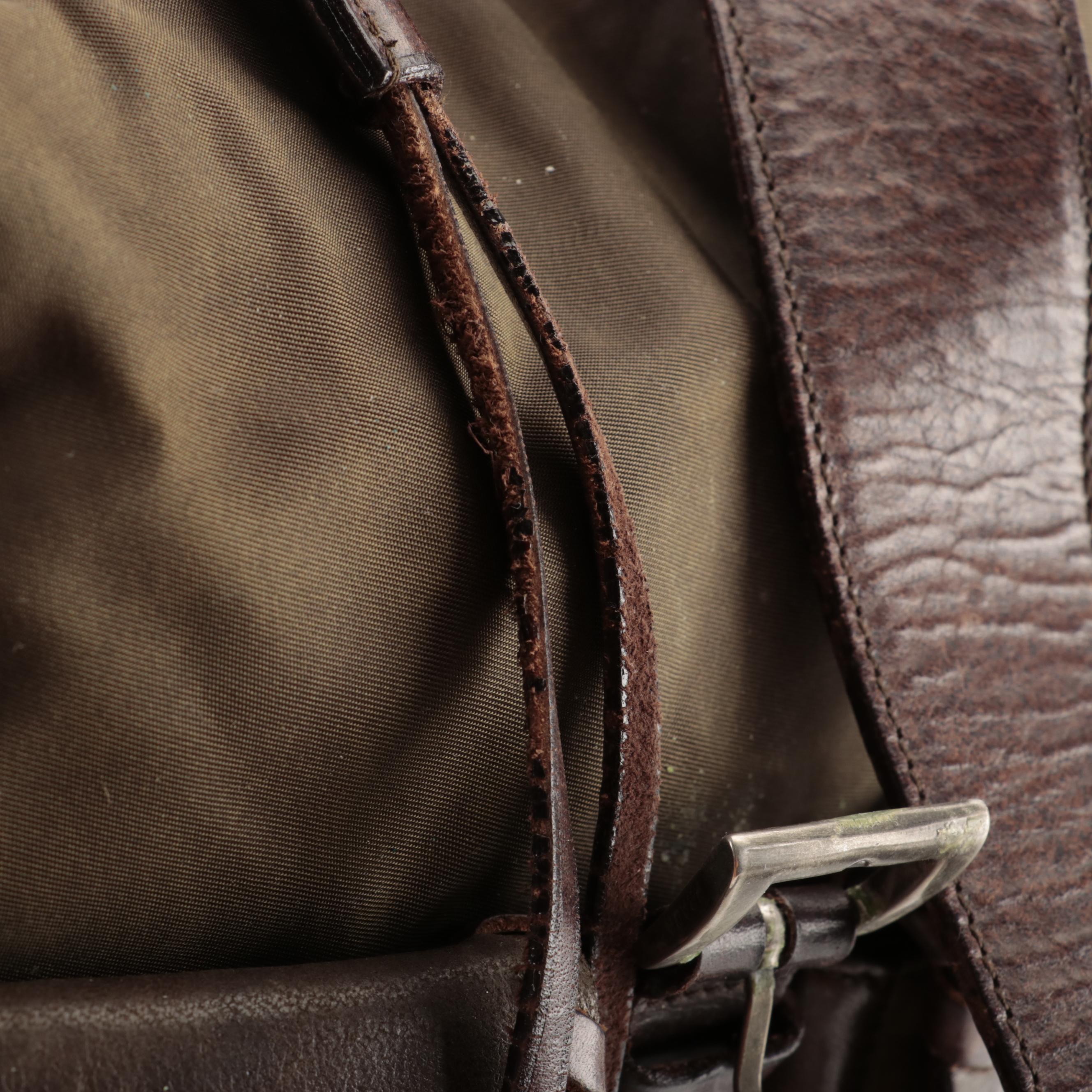 Prada Brown Whipstitched Leather and Green Tessuto Nylon Drawstring Shoulder Bag