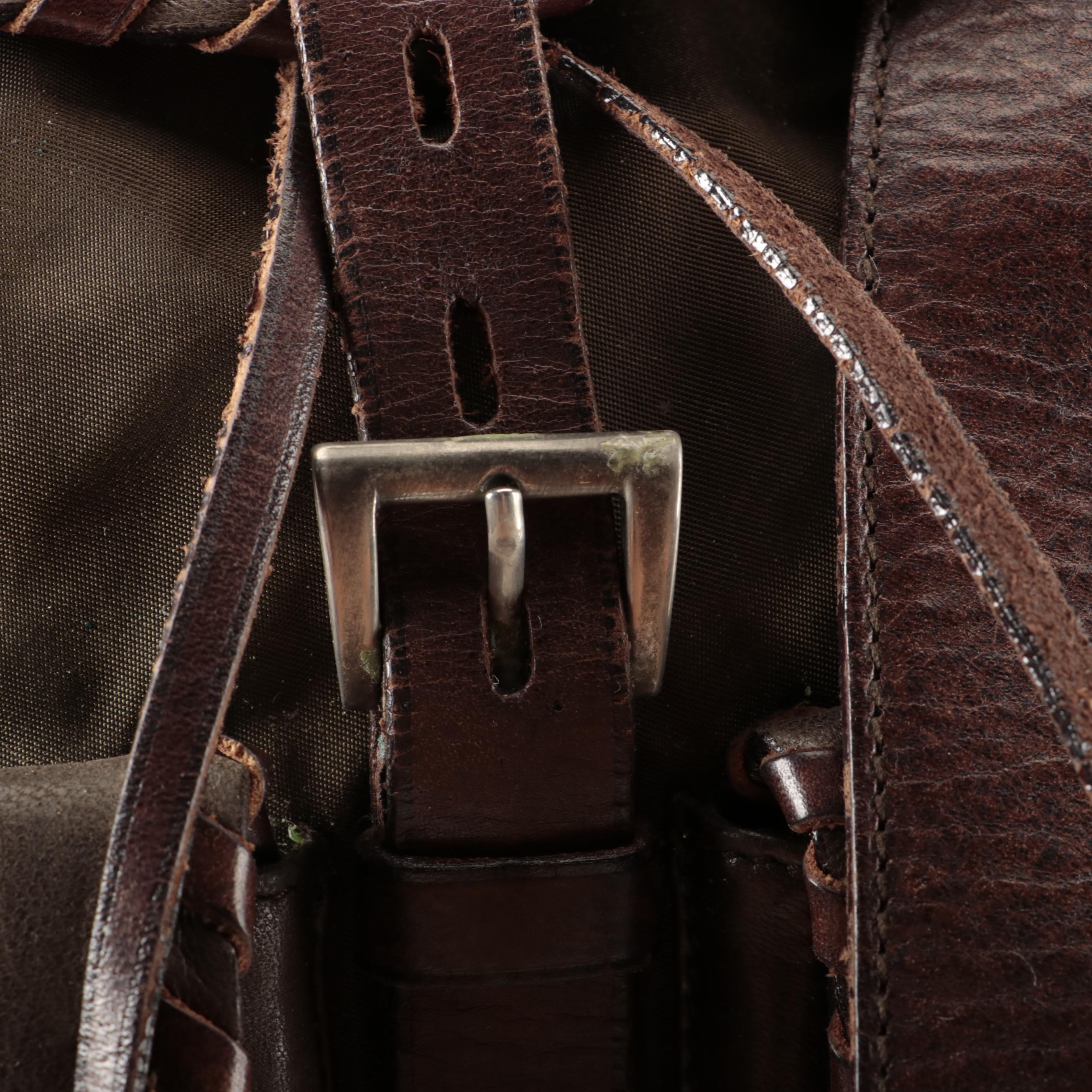 Prada Brown Whipstitched Leather and Green Tessuto Nylon Drawstring Shoulder Bag