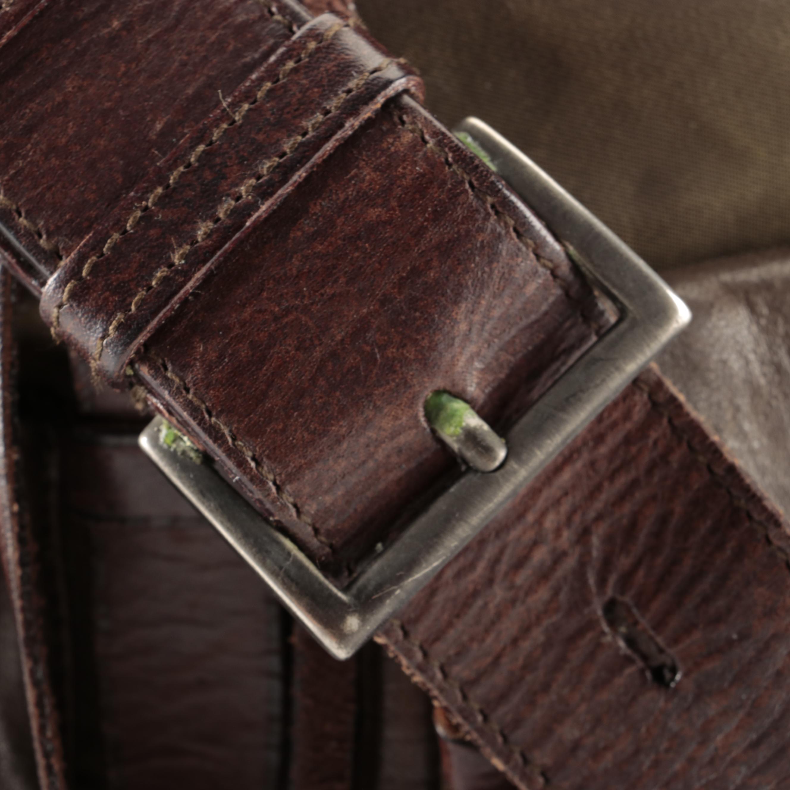 Prada Brown Whipstitched Leather and Green Tessuto Nylon Drawstring Shoulder Bag