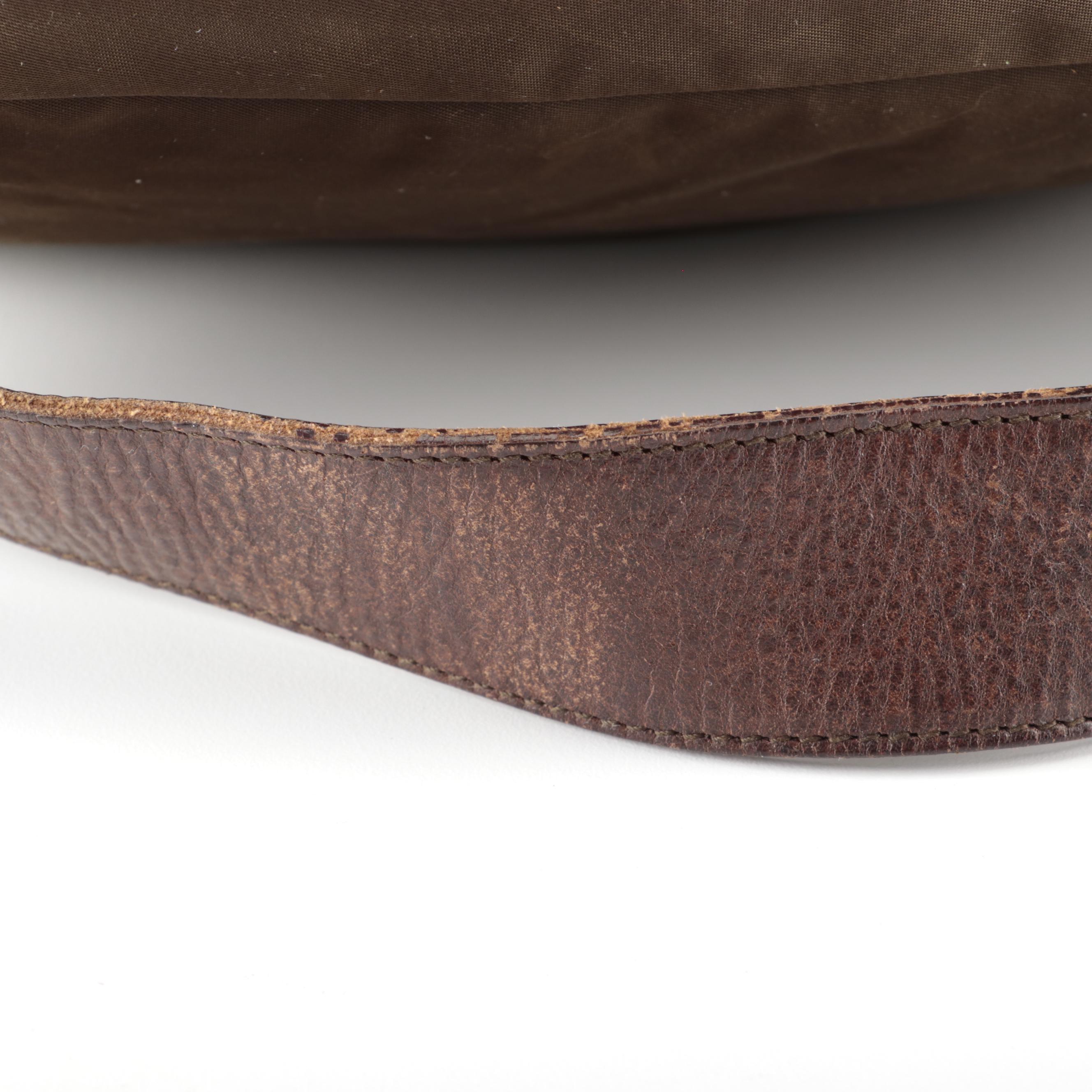 Prada Brown Whipstitched Leather and Green Tessuto Nylon Drawstring Shoulder Bag