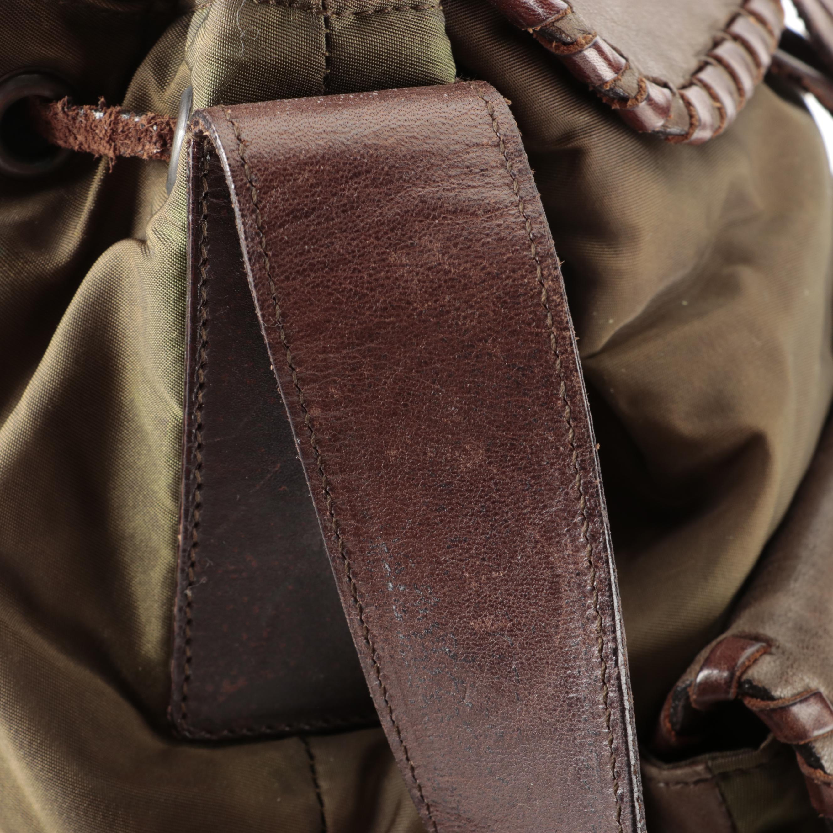 Prada Brown Whipstitched Leather and Green Tessuto Nylon Drawstring Shoulder Bag