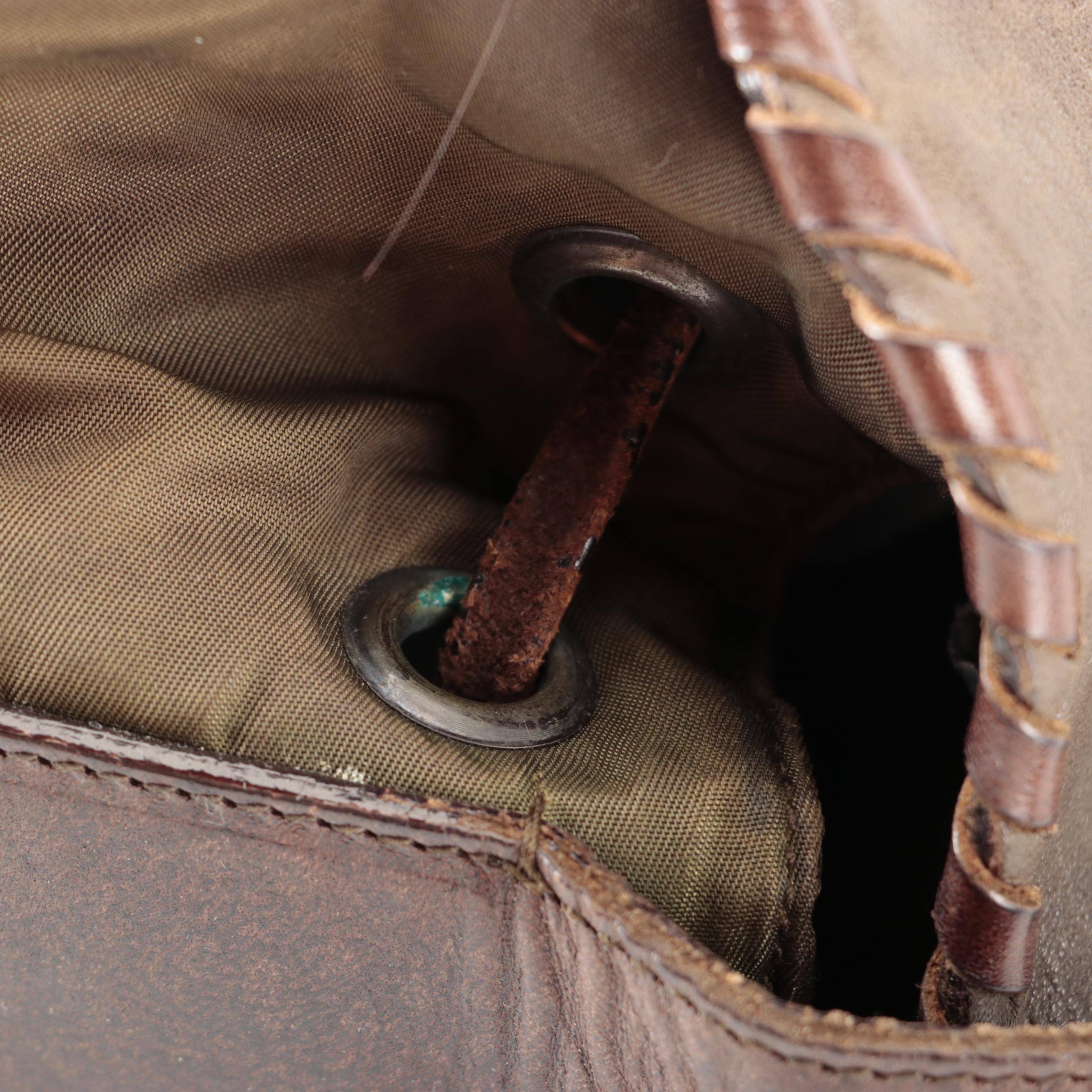 Prada Brown Whipstitched Leather and Green Tessuto Nylon Drawstring Shoulder Bag