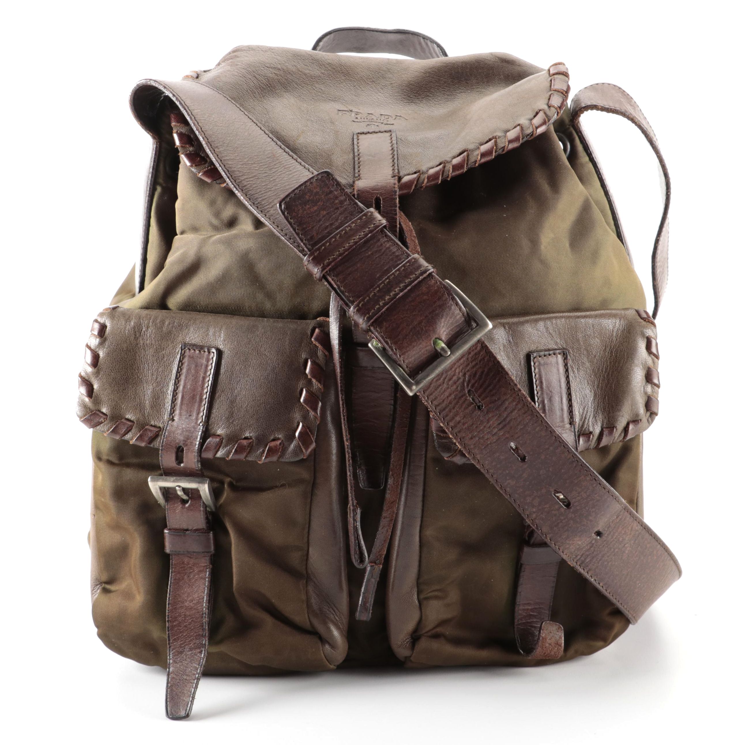 Prada Brown Whipstitched Leather and Green Tessuto Nylon Drawstring Shoulder Bag