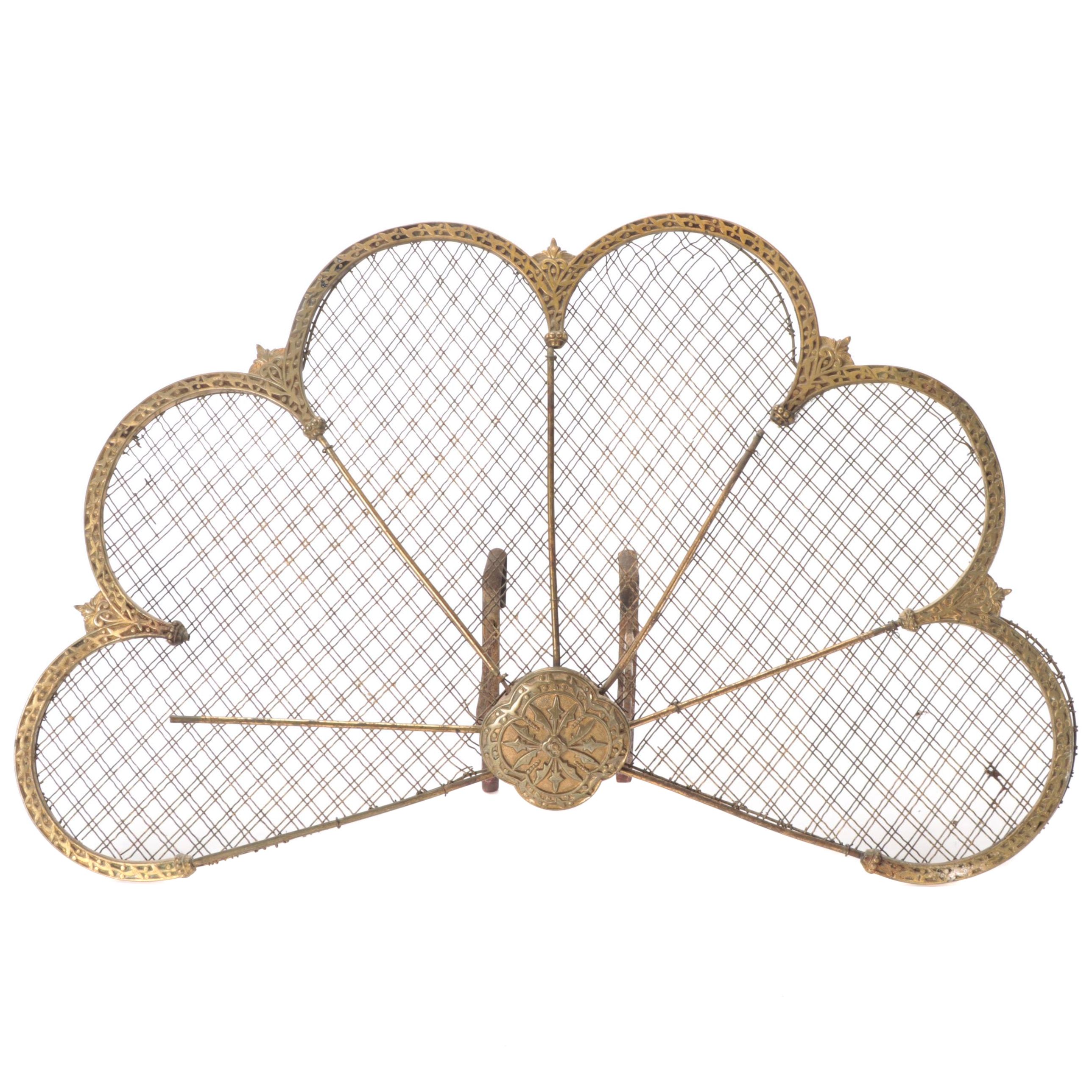 Victorian Style Brass and Metal Fan Fireplace Screen, 20th Century